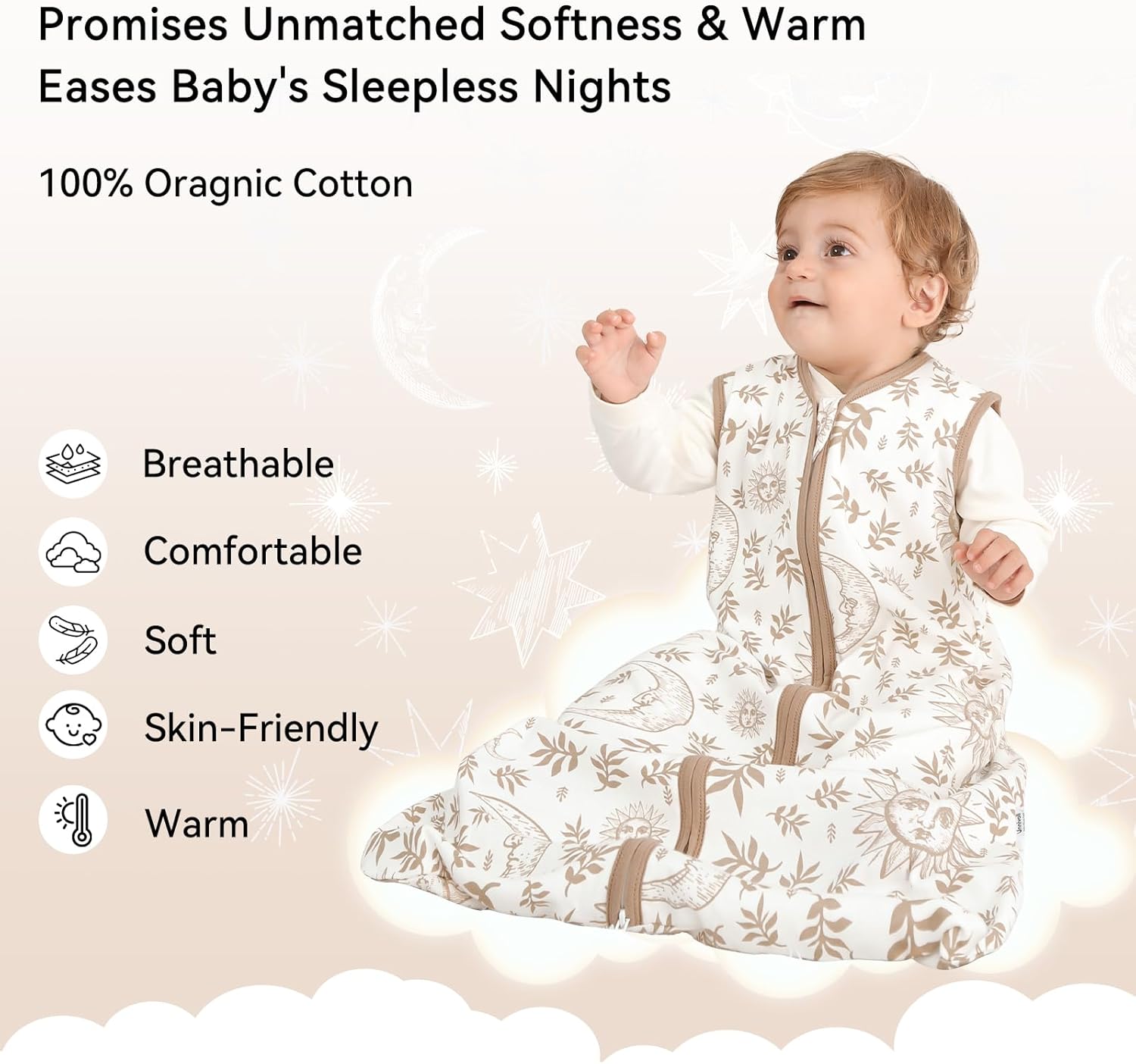 Thumbnail 1 de Unnivoll Baby Sleeping Bag Newborn 0.5 Tog Sleep Sack (3 Pack, 100% Cotton) for 12–18 Months – Beige/Coffee/Helios