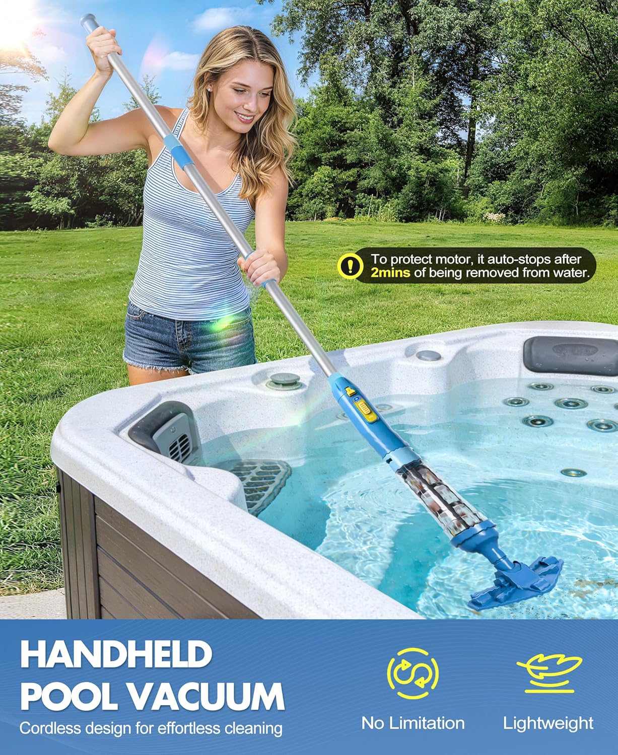 Detalle de LanBlu Poolsauger Akku mit Teleskopstange – 60 L/Min, 5200 mAh, 90 Min Laufzeit
