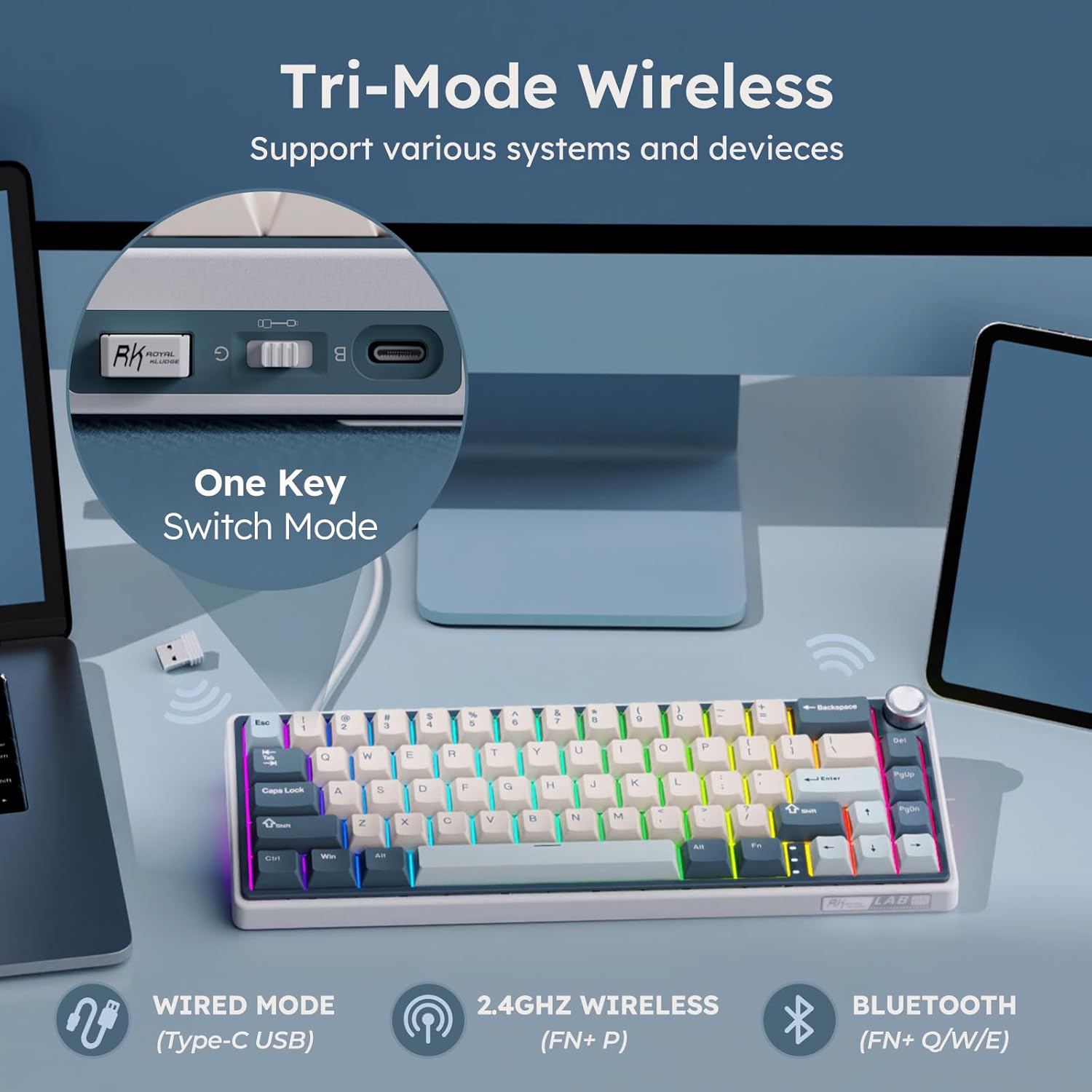 Thumbnail 2 de RK ROYAL KLUDGE R65 Wireless Mechanical Keyboard with Volume Knob — Tri-Mode 60% Layout