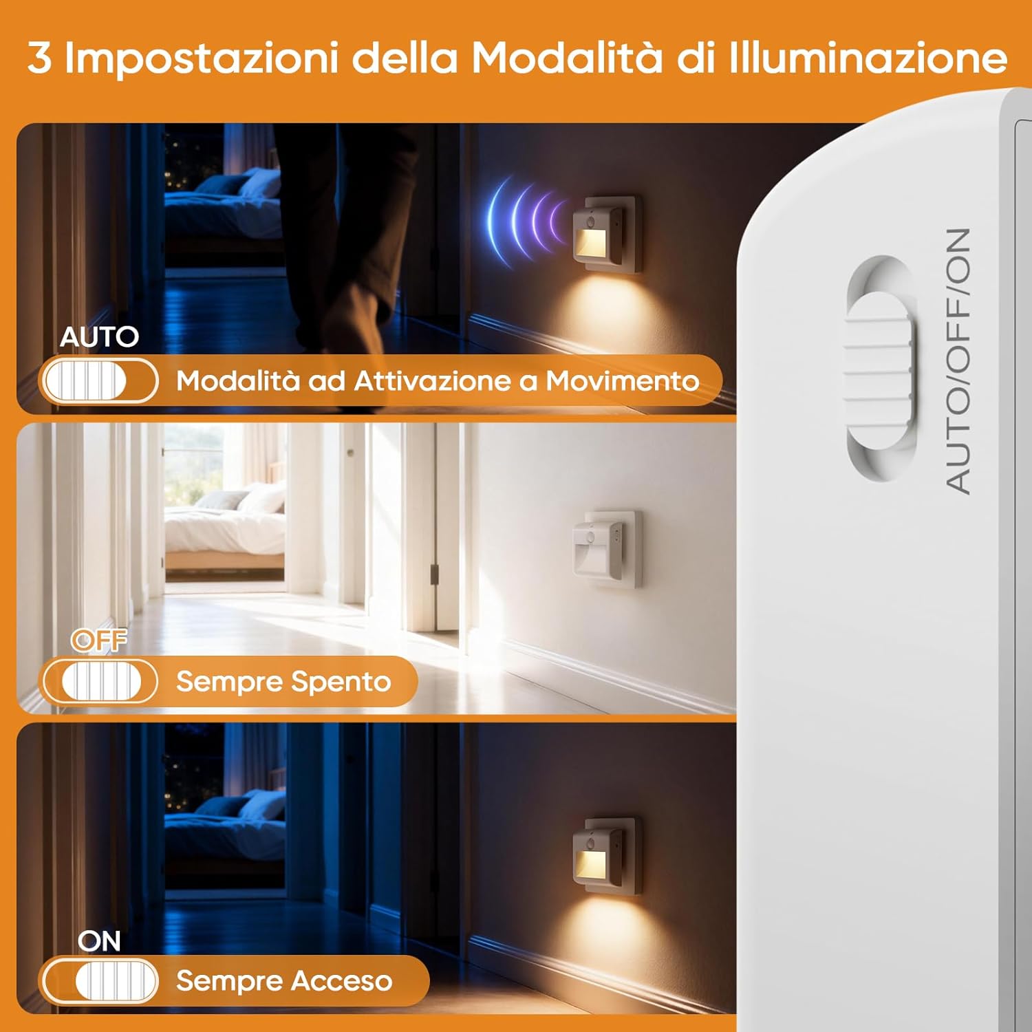 Thumbnail 1 de [2 Pezzi] Luce Notturna con Sensore di Movimento, Luce Bianca Calda 3000K, 3 Modalità (ON/Auto/OFF) e Dimmer per Cameretta, Corridoio e Bagno