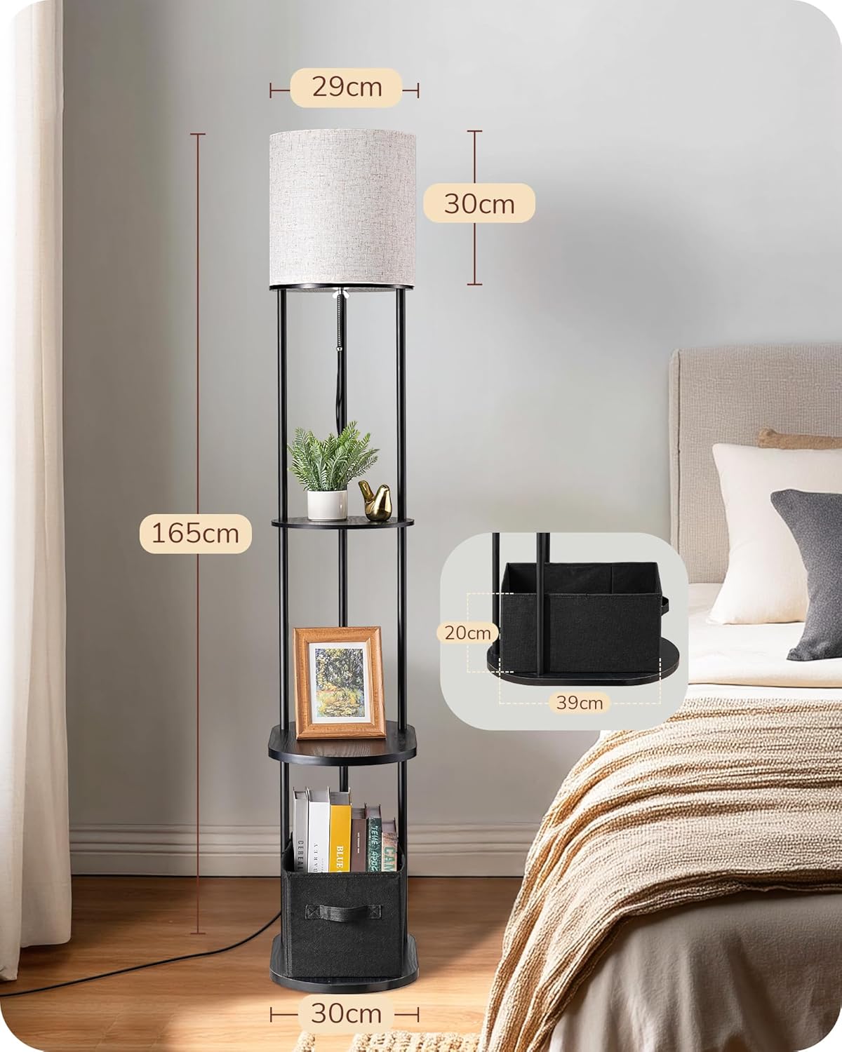 Thumbnail 3 de EDISHINE Stehlampe Wohnzimmer mit Regal und Aufbewahrungskorb – 165 cm, USB-Ladefunktion, 3 Farbtemperaturen