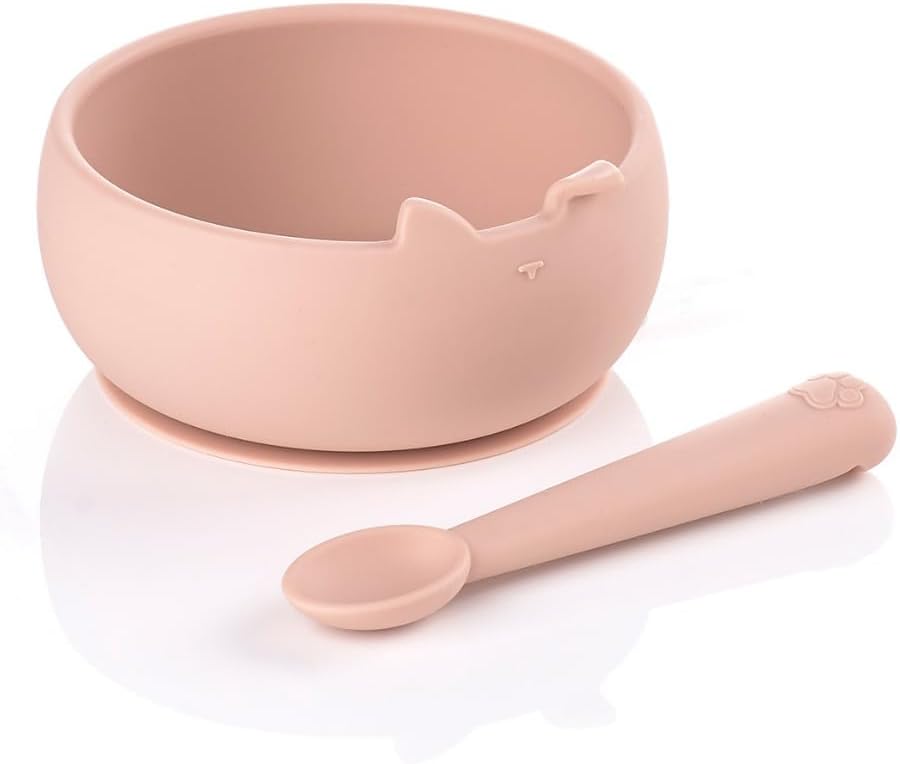 Detalle de Jané Bol et Cuillère en Silicone avec Ventouse – Ensemble bébé rose, sans BPA et compatible micro-ondes