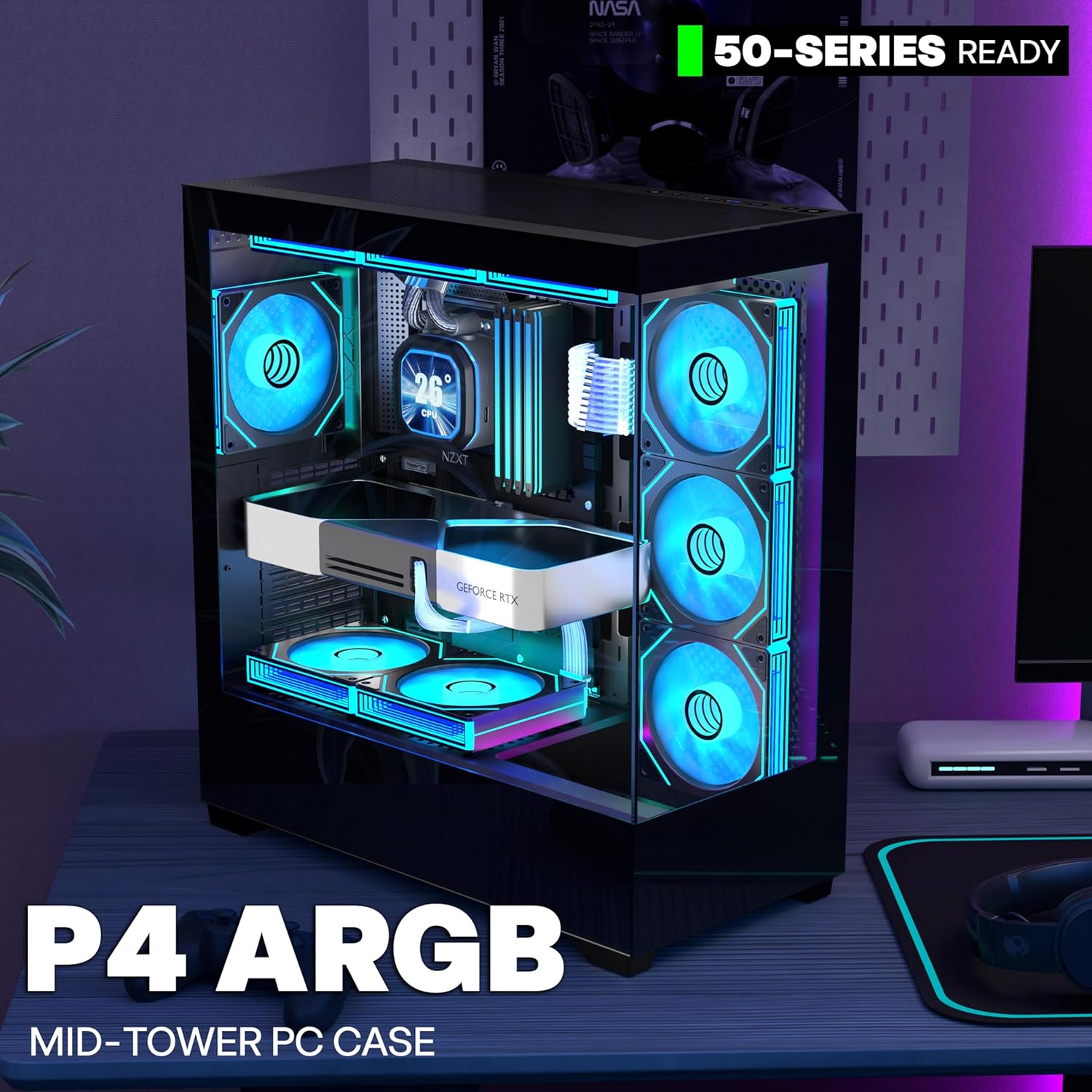 Detalle de PCZZOI ATX PC Case with 7 PWM ARGB Fans Pre-Installed – Full-View Mid Tower