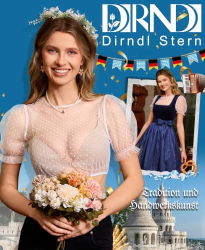 Detalle 2 de DIRNDLSTERN Dirndlbluse Damen Weiß – Transparente Punktebluse mit Puffärmeln, Kurzarm
