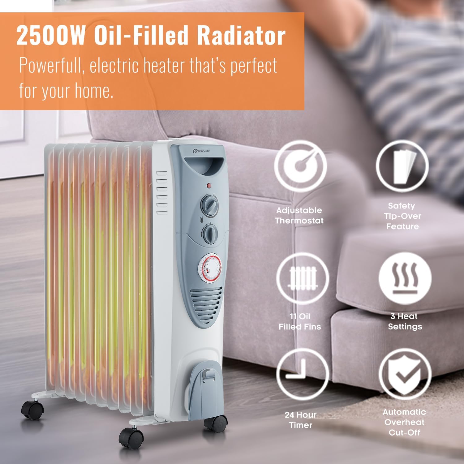 Detalle 2 de PureMate Oil Filled Radiator 2500W — Portable Heater