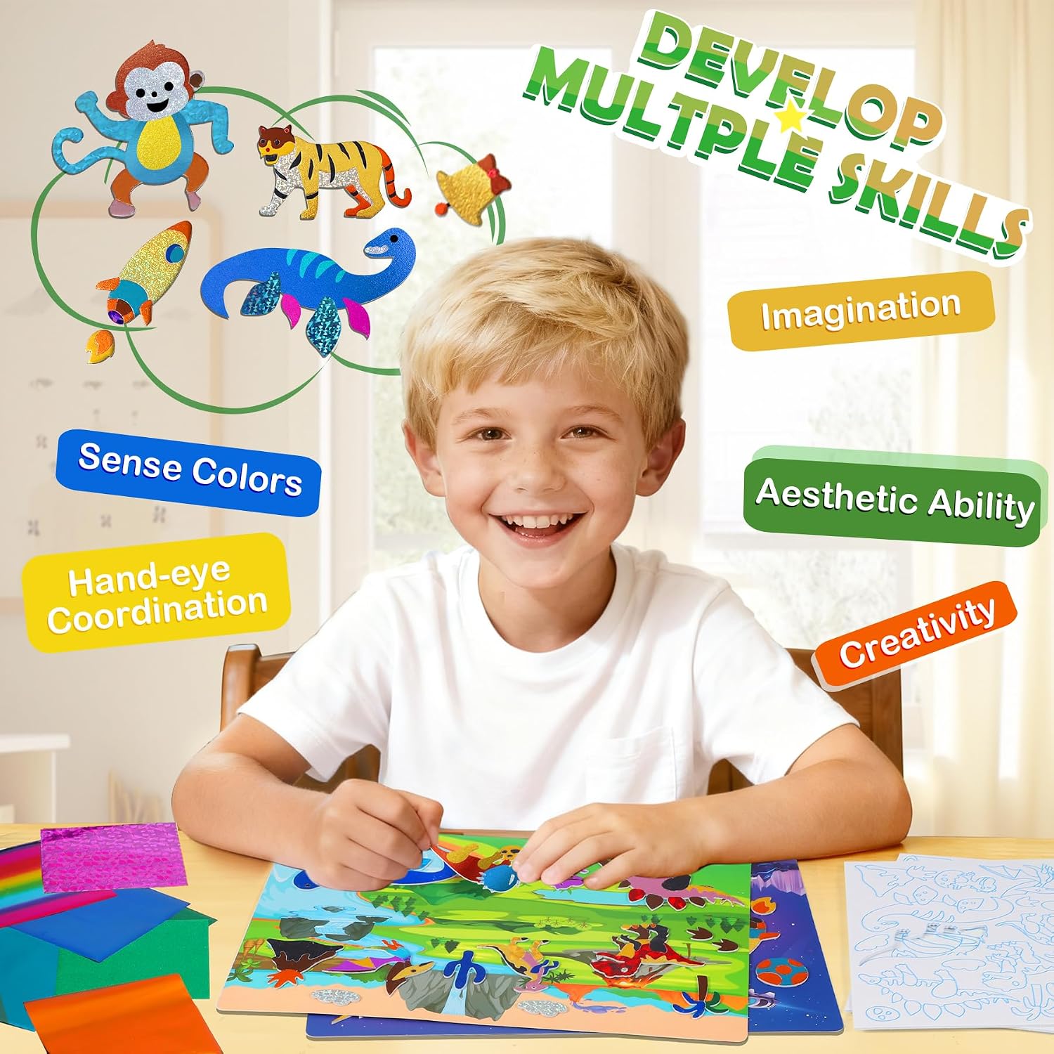 Detalle de URMYWO Folienspaß Kinder: 2-in-1 Kreativ-Folie & Malpapier mit Dinosauriern und Weltraum