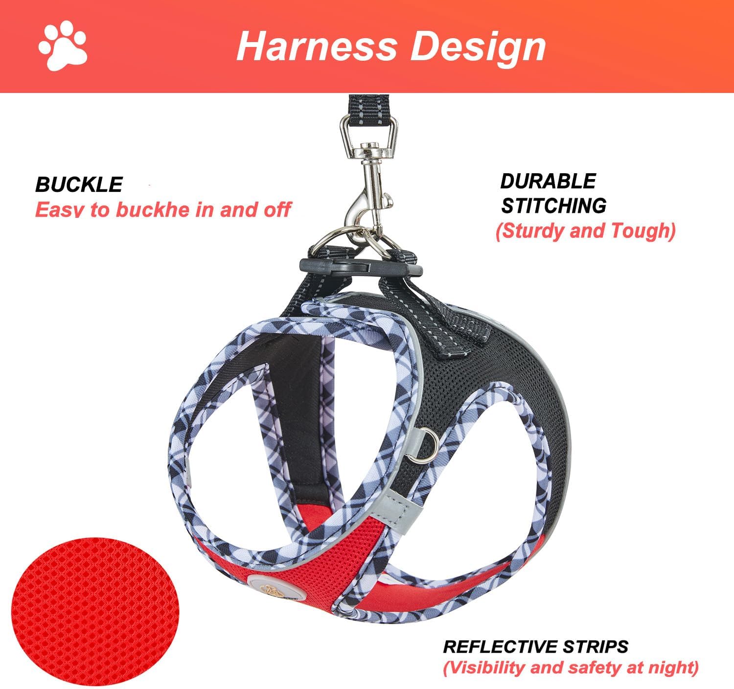 Detalle de Hipubby HB-Dog Harness M Dog Harness and Leash Set, Reflective Air Mesh, Black/Red