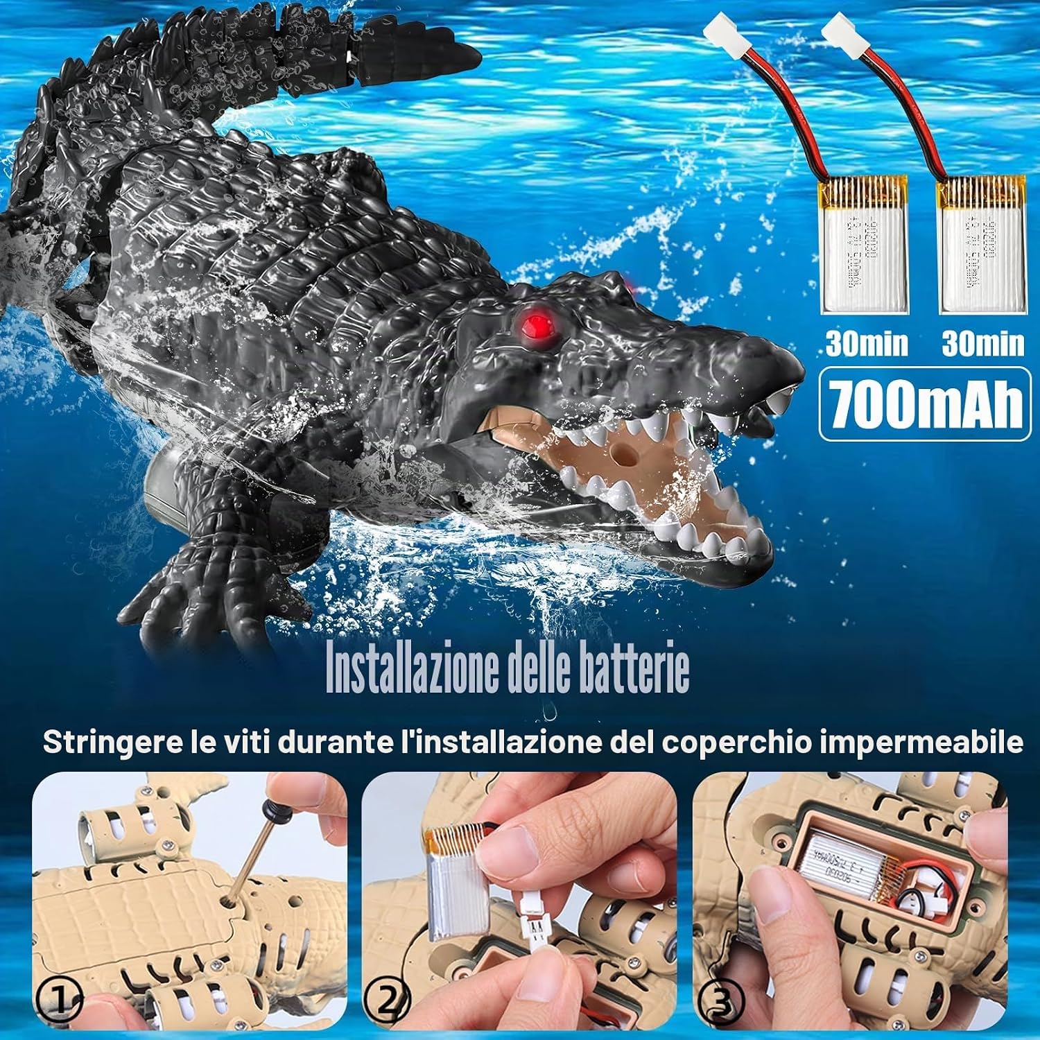 Detalle de 3T6B Barca Telecomandata RC Coccodrillo: giocattolo acquatico luminoso con doppie eliche e controllo 2.4G