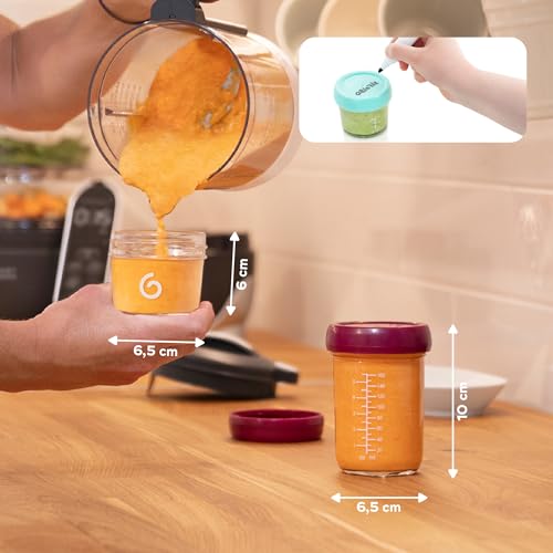 Detalle de Babymoov Babybols: tarros de vidrio para papillas, 4×220 ml + 4×100 ml + libro de recetas