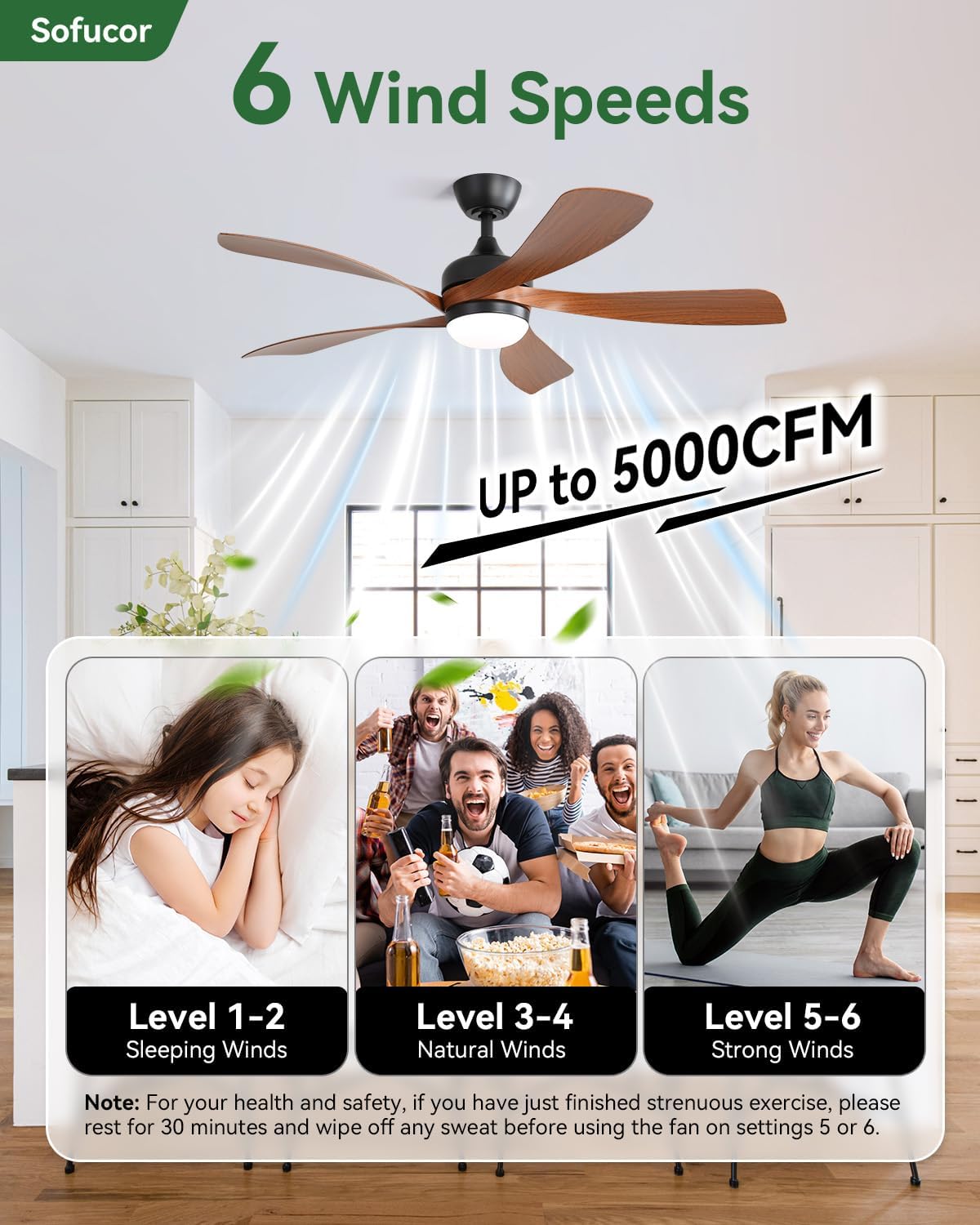 Detalle de Sofucor 52" Smart Ceiling Fan with Lights and Remote — Alexa/Google Compatible, 6-Speed DC Motor, Indoor/Outdoor