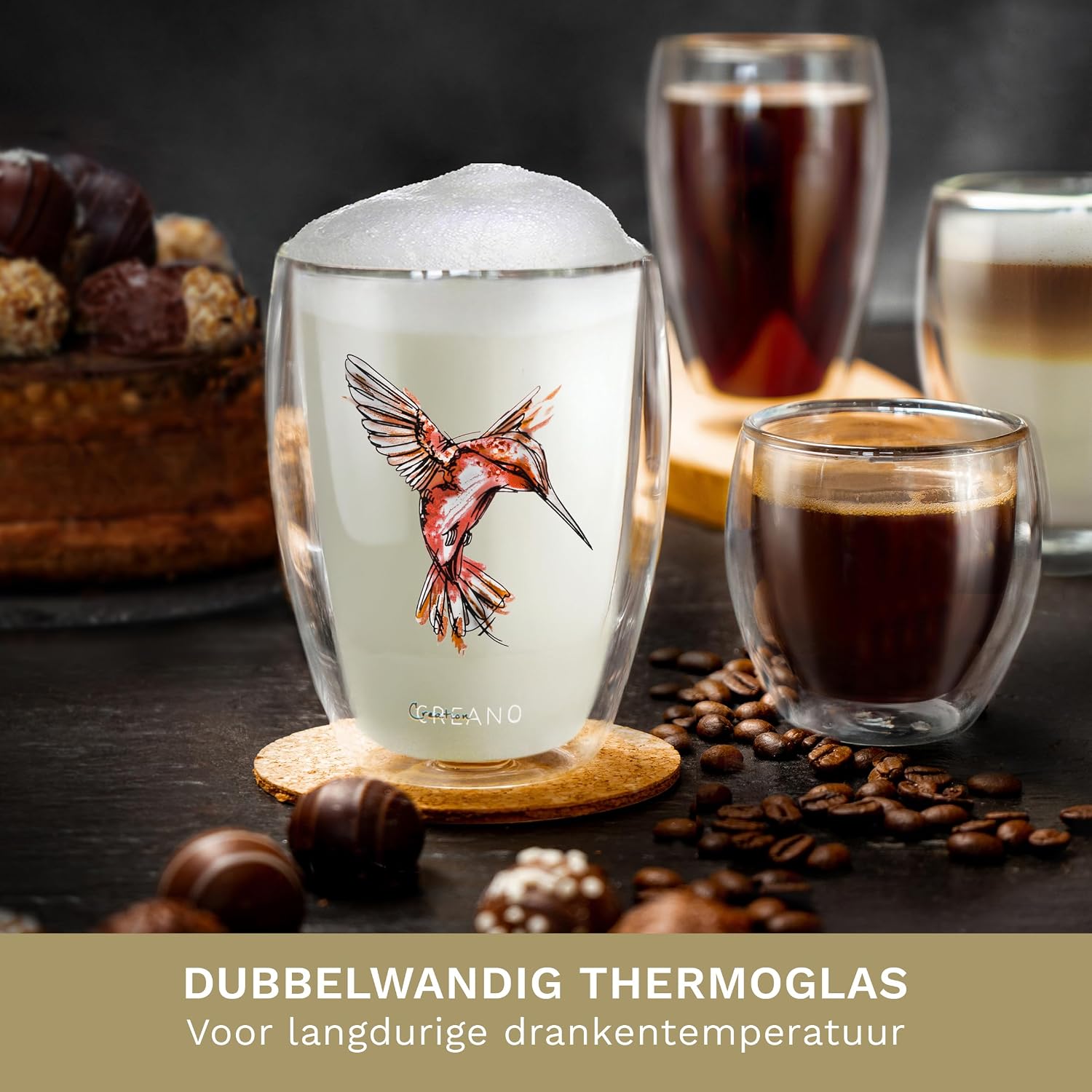 Detalle 2 de Creano 165 dubbelwandig thermoglas 250 ml, rood borosilicaatglas met kolibrimotief