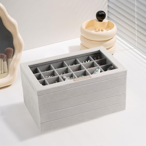 Detalle de Frebeauty Organizador de joyas 5 en 1 apilable con tapa de cristal y forro de terciopelo