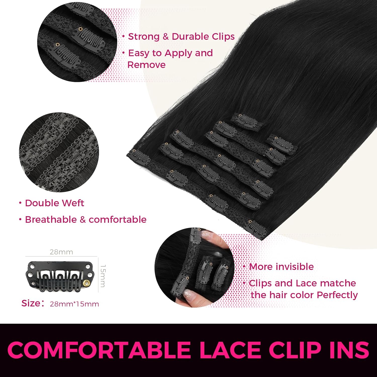Detalle de Lashey 12-Inch Clip-In Human Hair Extensions, 7-Piece, 120g, Jet Black
