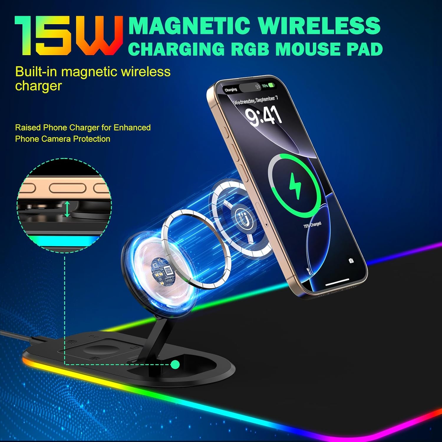 Thumbnail 2 de GIM RGB Gaming Mauspad mit Qi-Ladefunktion 15 W, LED & 800x350x4 mm (schwarz)