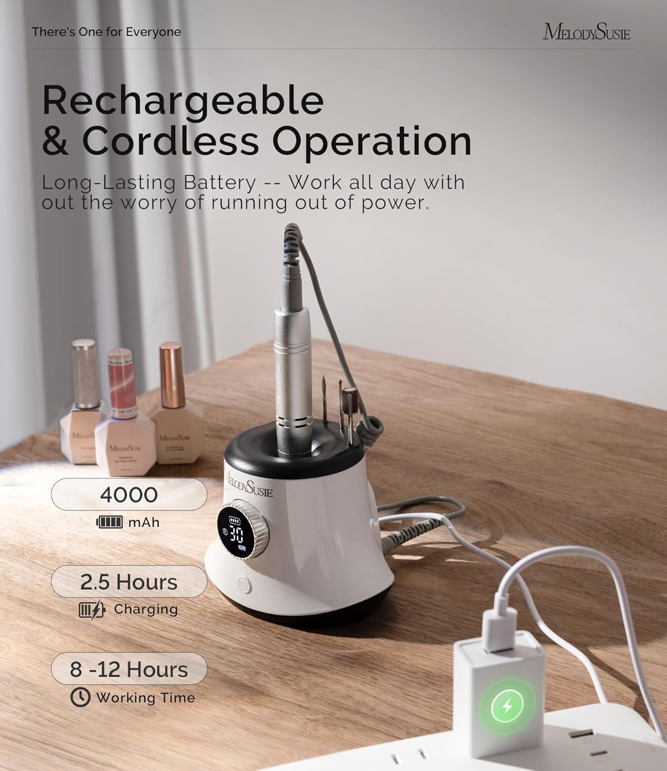 Thumbnail 1 de MelodySusie Ponceuse pour Ongles Professionnel 30000RPM – 6 embouts, sans fil, stabilité et confort