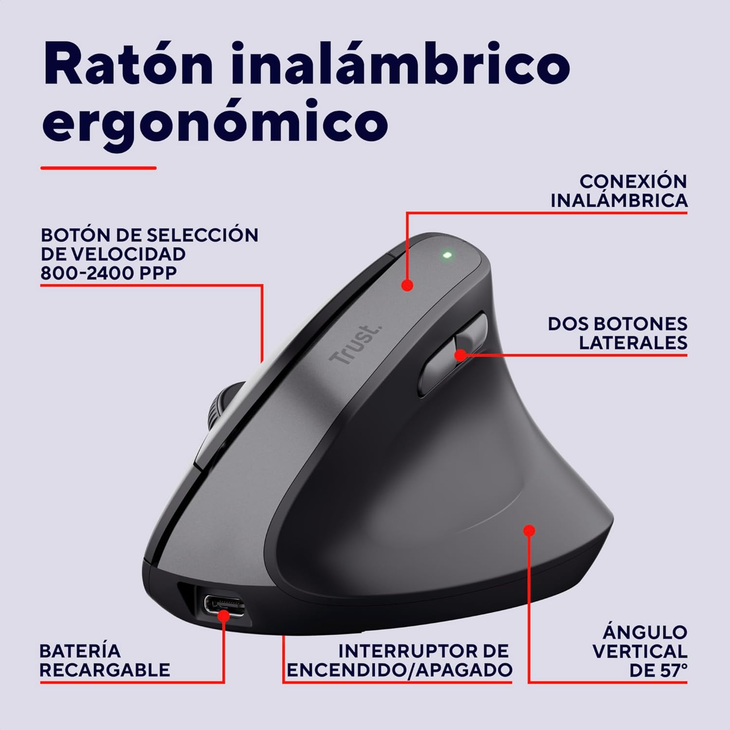 Thumbnail 1 de Trust Yuno ratón ergonómico 2,4 GHz 2400 dpi 🖱