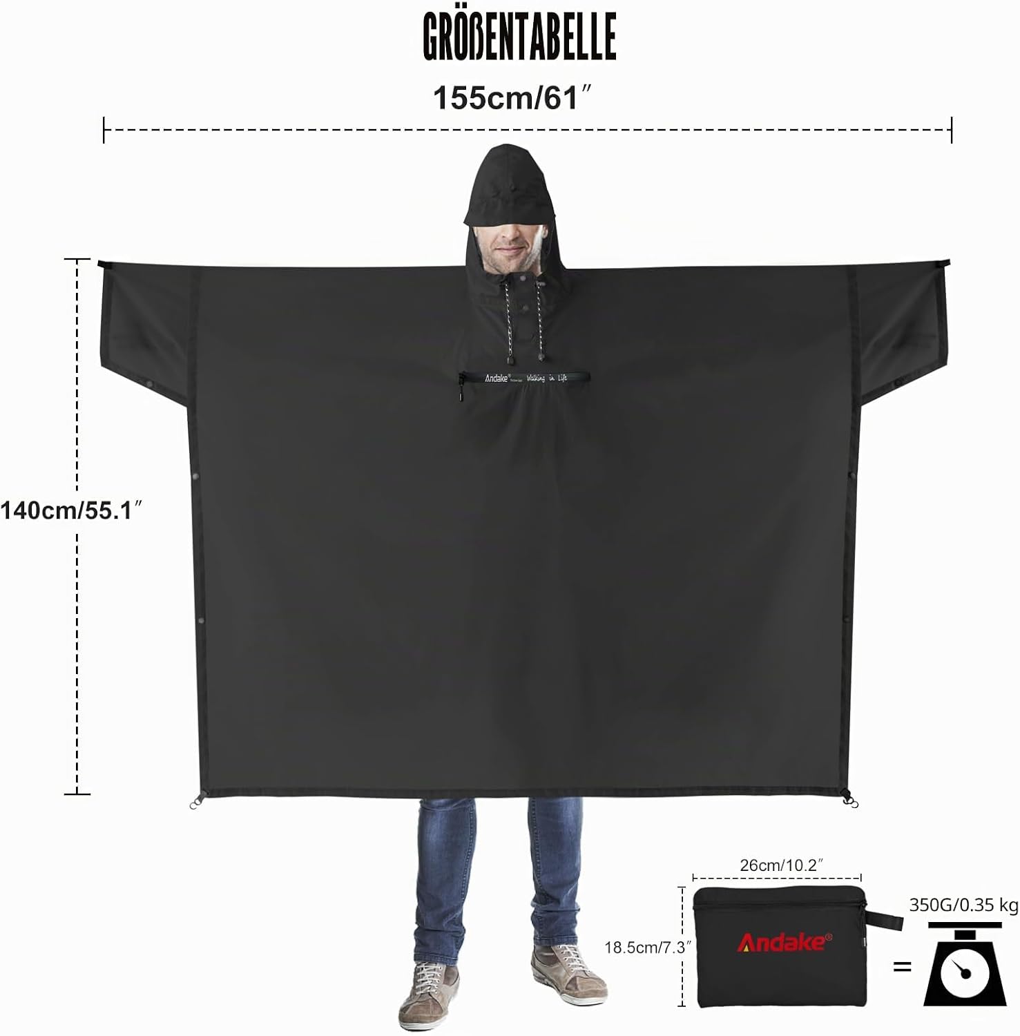 Detalle de Andake Regenponcho Wasserdicht Unisex – vielseitiger Regenschutz für Camping, Wandern und Alltag