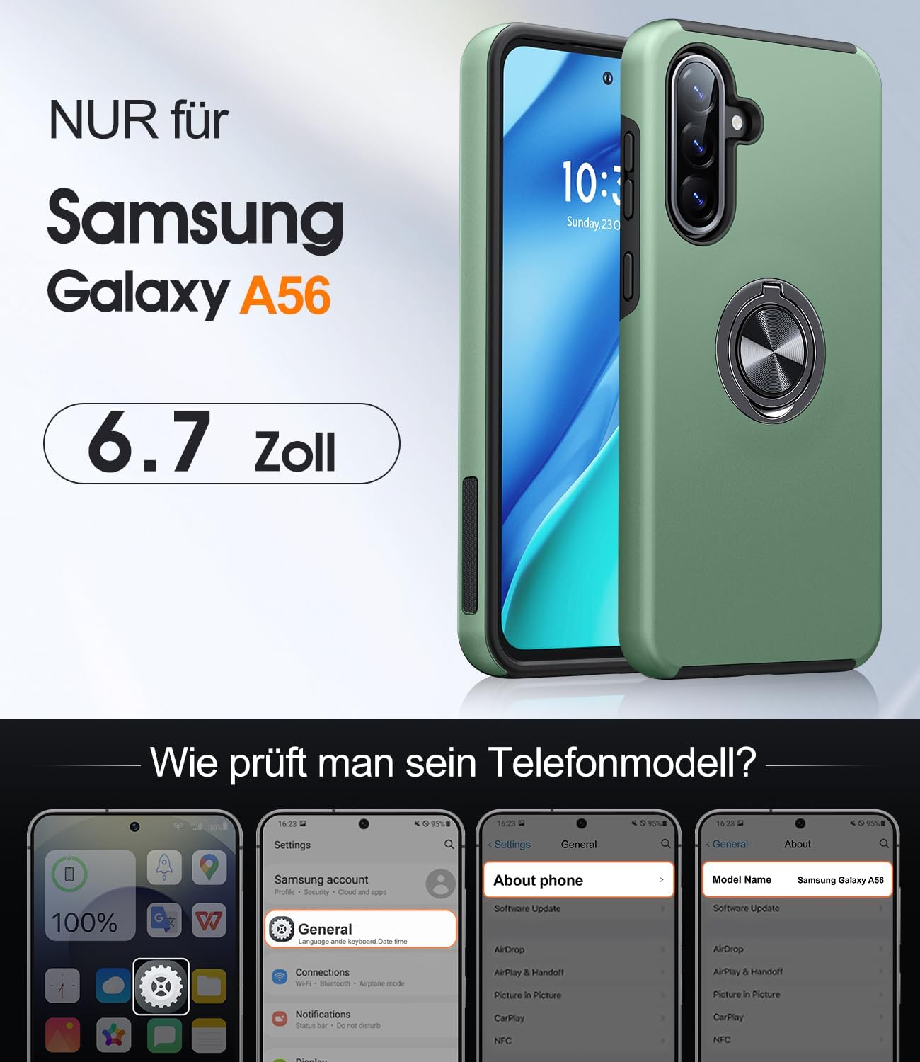 Detalle 2 de AOUIA Hülle Galaxy A56 5G – 2er Panzerglass, Militärschutz, 360° Ring
