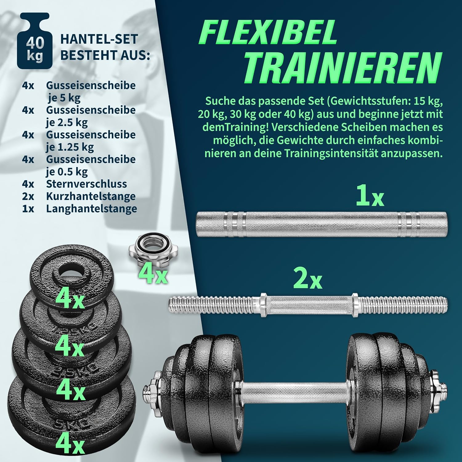 Detalle 2 de RE:SPORT 2 in 1 Hanteln Set 15-60kg