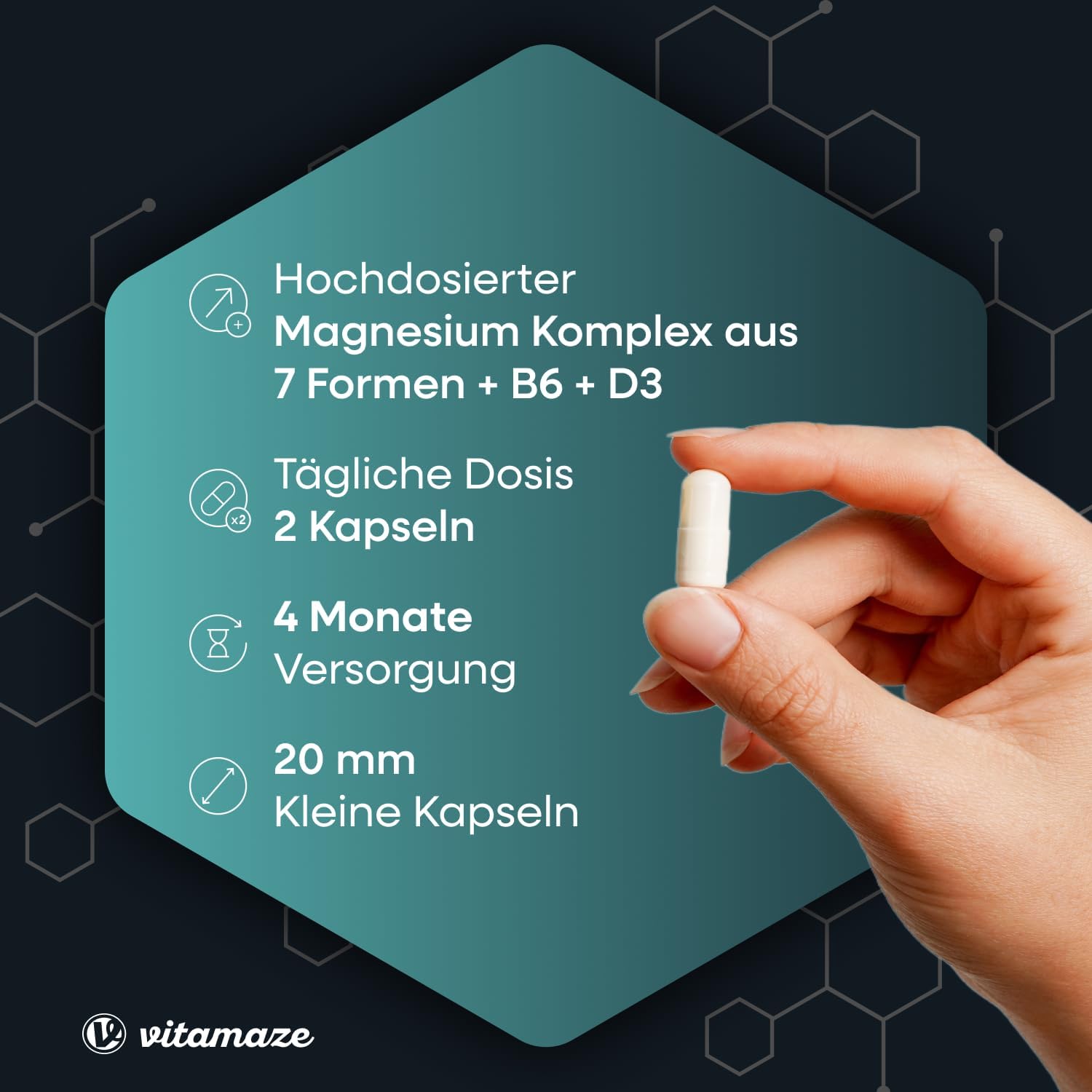 Detalle de Vitamaze Magnesium Complex 400mg | 7 Formen + Vitamin B6 & D3, Bisglycinat, Citrat, Malat, Oxid, Taurinat, Ascorbat, Lactat – Made in Germany