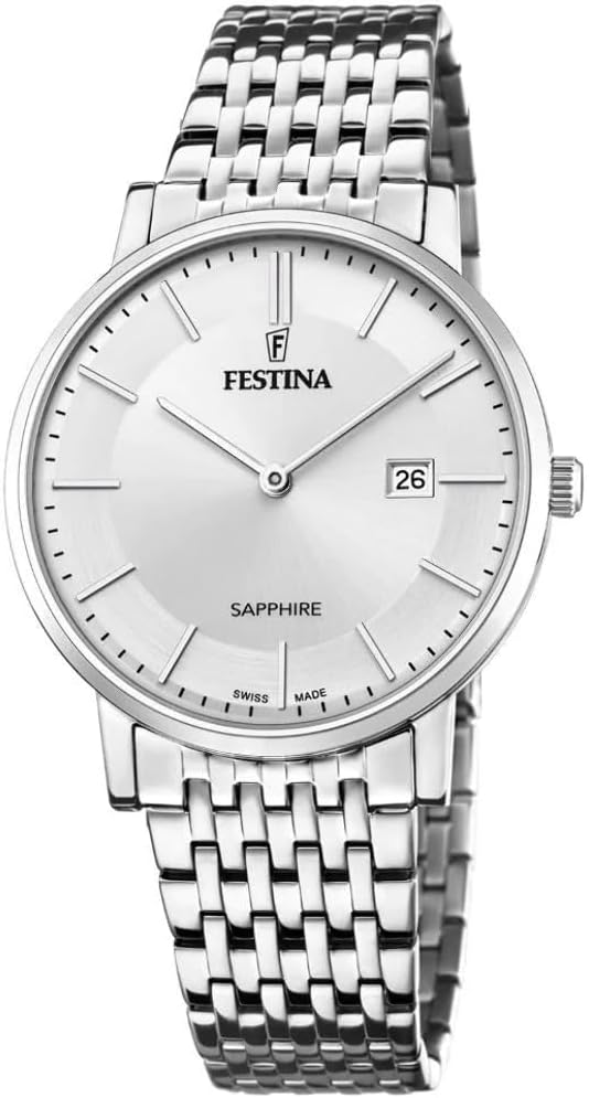 Detalle de Festina Swiss Made Herrenuhr F20018/1 Classic Steel – Analog, Quarz, 316L-Edelstahl, Saphirglas