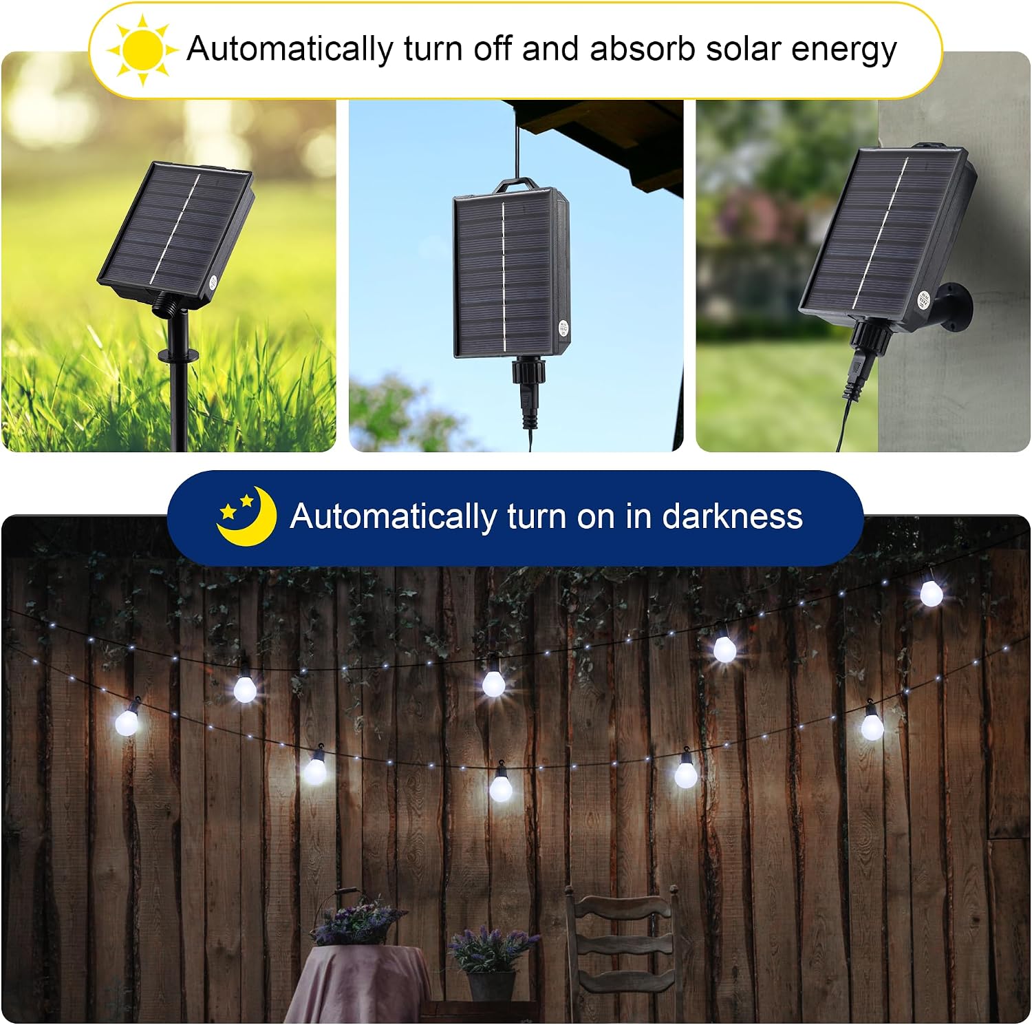 Thumbnail 3 de Tacobey Solar String Lights Outdoor Garden – USB Rechargeable, 32.8Ft/10m, 100 LED with 20 G40 Bulbs, 8 Modes, IP65 Waterproof