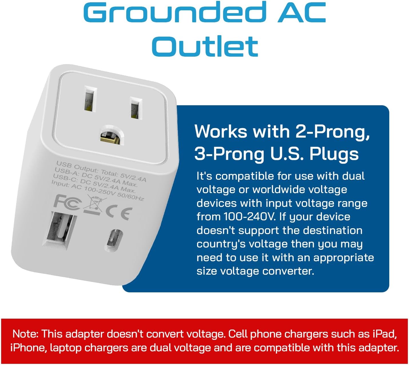 Detalle de Ceptics CTU-6: Japan/Philippines Travel Adapter with USB-A + USB-C (Ultra Compact)