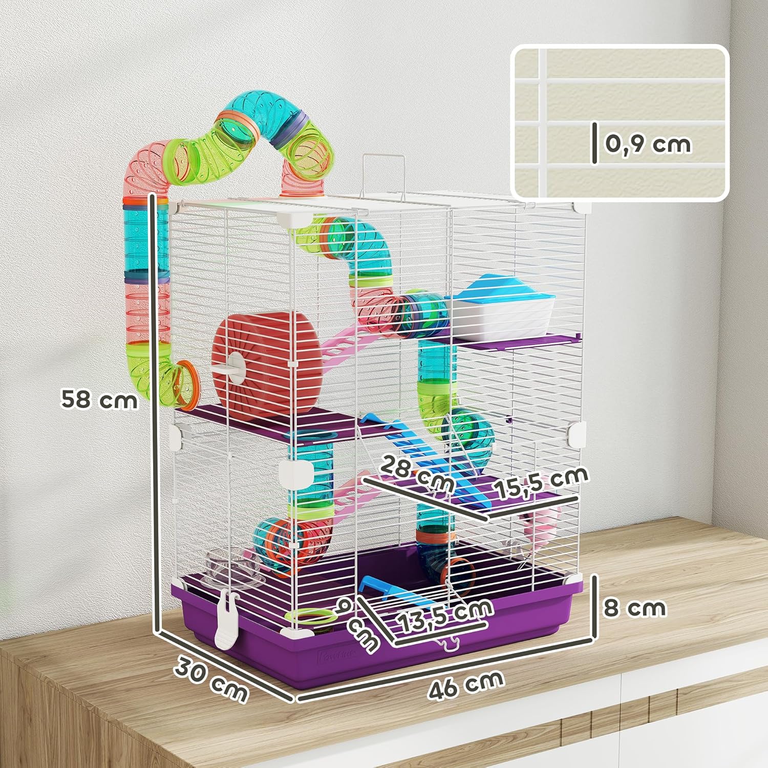 Thumbnail 6 de PawHut – Cage pour hamster rongeur 4 étages avec tunnels, mangeoire, roue et échelles (46L x 30 x 58H cm)