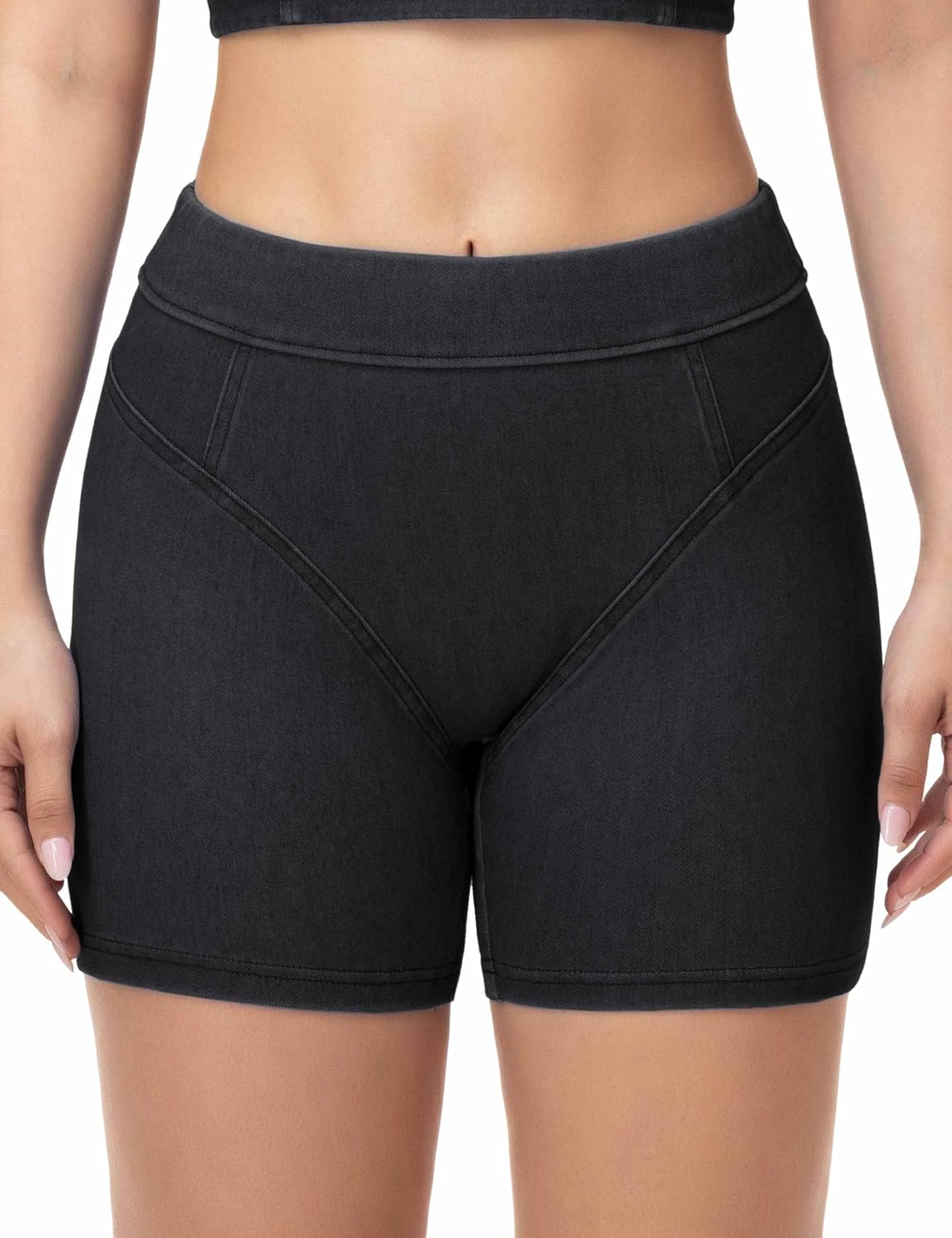 Detalle de THE GYM PEOPLE Women's 5'' Scrunch Jean Shorts, Stretch Pull-On Denim