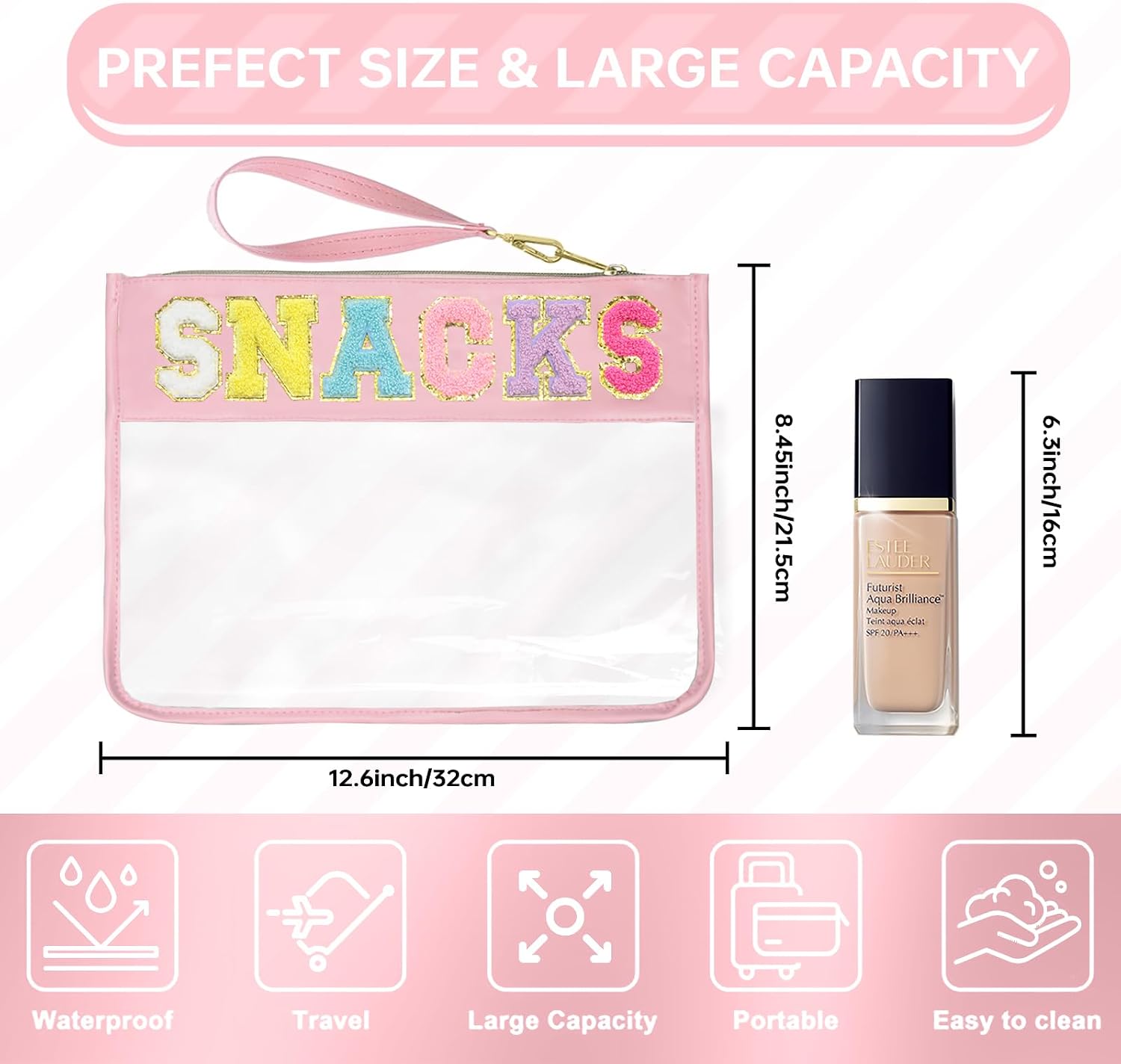 Detalle 2 de Siwara Clear Snack Bags Travel Makeup Bag with Glitter Chenille Letter Patches (Water-Resistant Nylon & PVC)