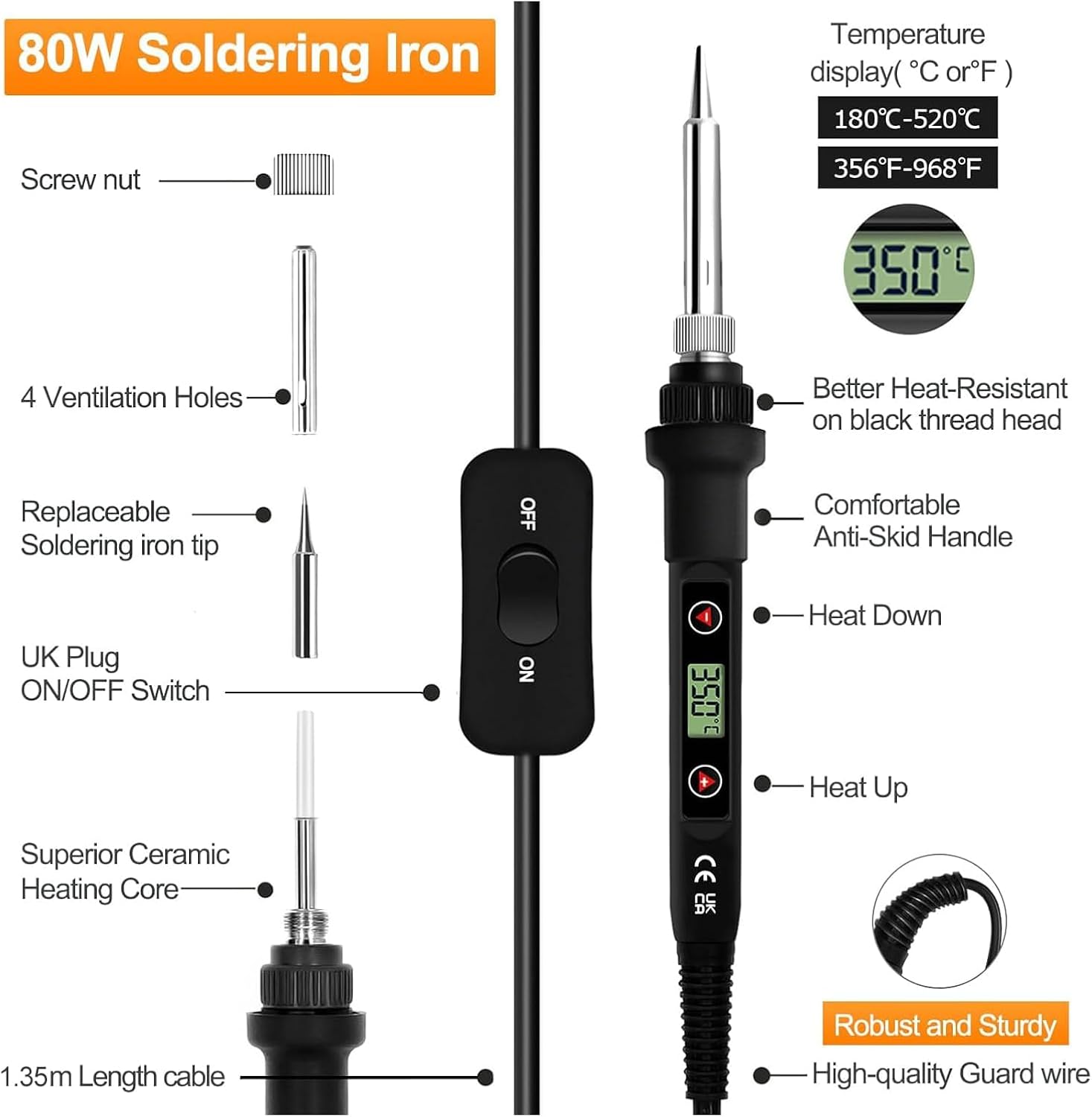 Thumbnail 1 de 80W LCD Adjustable Temperature Soldering Iron Kit (180–520°C) with 5 Tips, 50g Solder Wire & Desoldering Pump
