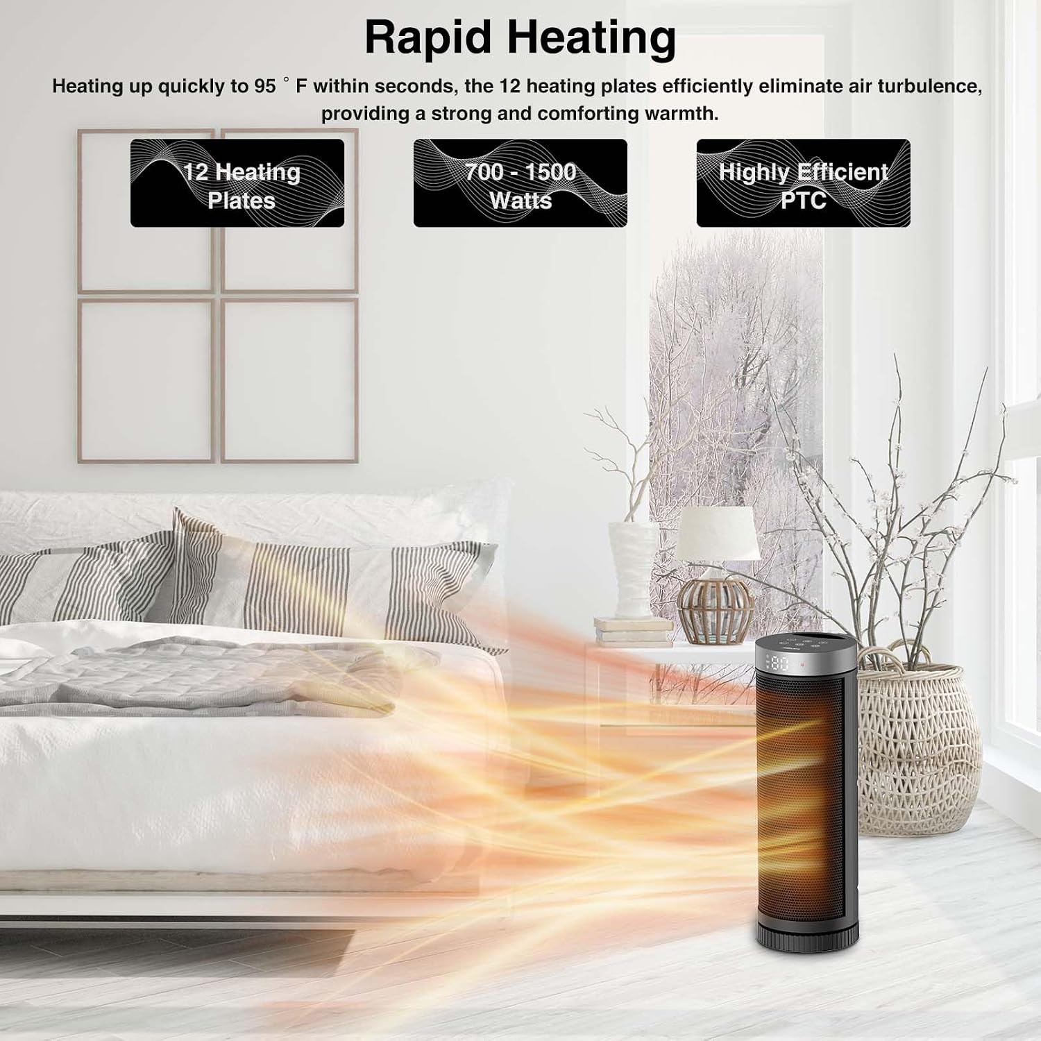 Thumbnail 2 de JIBUFI PTC-SL1702 17-Inch Space Heater, 1,500W, 70° Oscillation, Remote