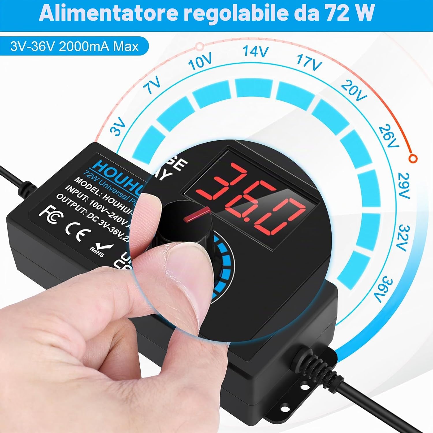 Detalle de Adattatore di alimentazione regolabile DC 3V–36V 72W con 14 spunte: versatilità e protezione per elettronica domestica