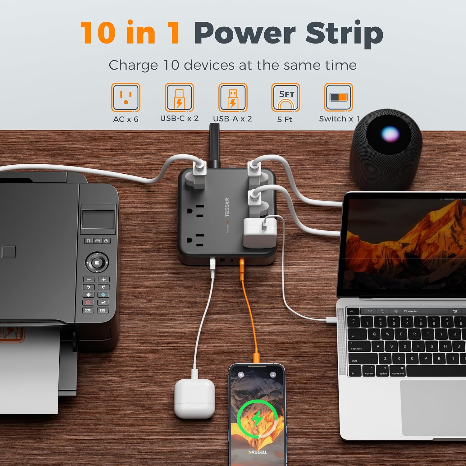 Thumbnail 1 de TESSAN TS-PS08US00 Surge Protector Power Strip, 6 Outlets, 4 USB Ports