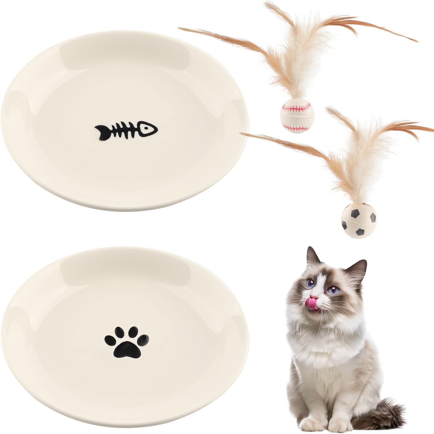Detalle de Katzennapf Keramik-Set „Katzennapf Keramik 2er“- rutschfeste Futternäpfe mit Silikonbasis und 2 Spielbällen, weiß