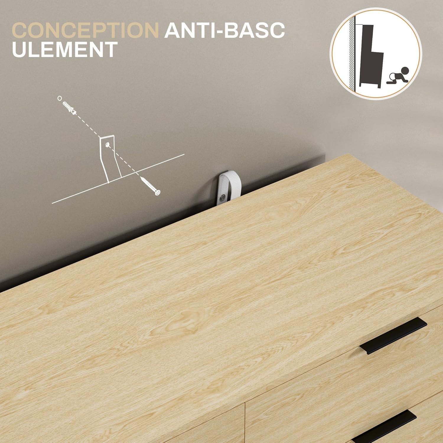 Thumbnail 5 de HOMCOM Commode à 6 tiroirs – Design moderne, stabilité anti-basculement, 110 x 40 x 75 cm