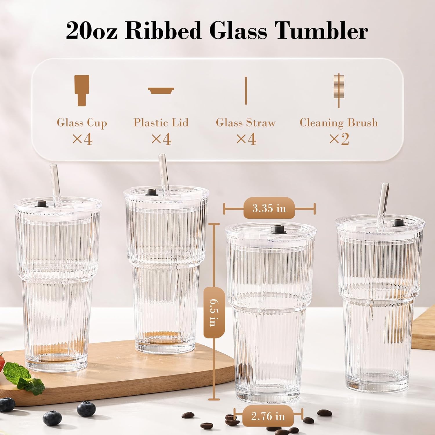 Thumbnail 5 de GOSCHE 20oz Glass Tumblers with Straws and Lids — Leak-Proof, 4-Pack