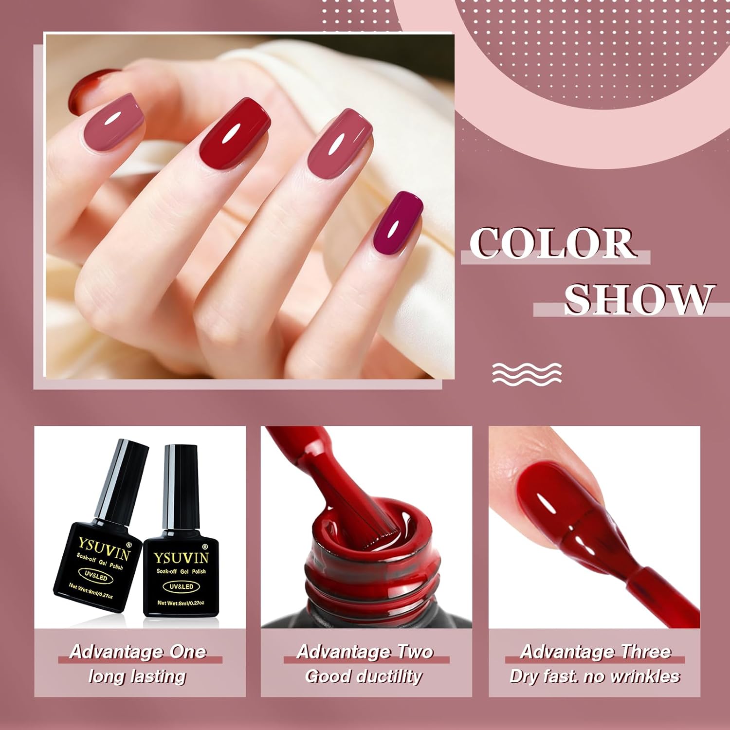 Detalle de YSUVIN UV Nagellack Rot (6 Farben) – 8 ml pro Flasche, soak-off UV/LED Gel für DIY & Salon-Look