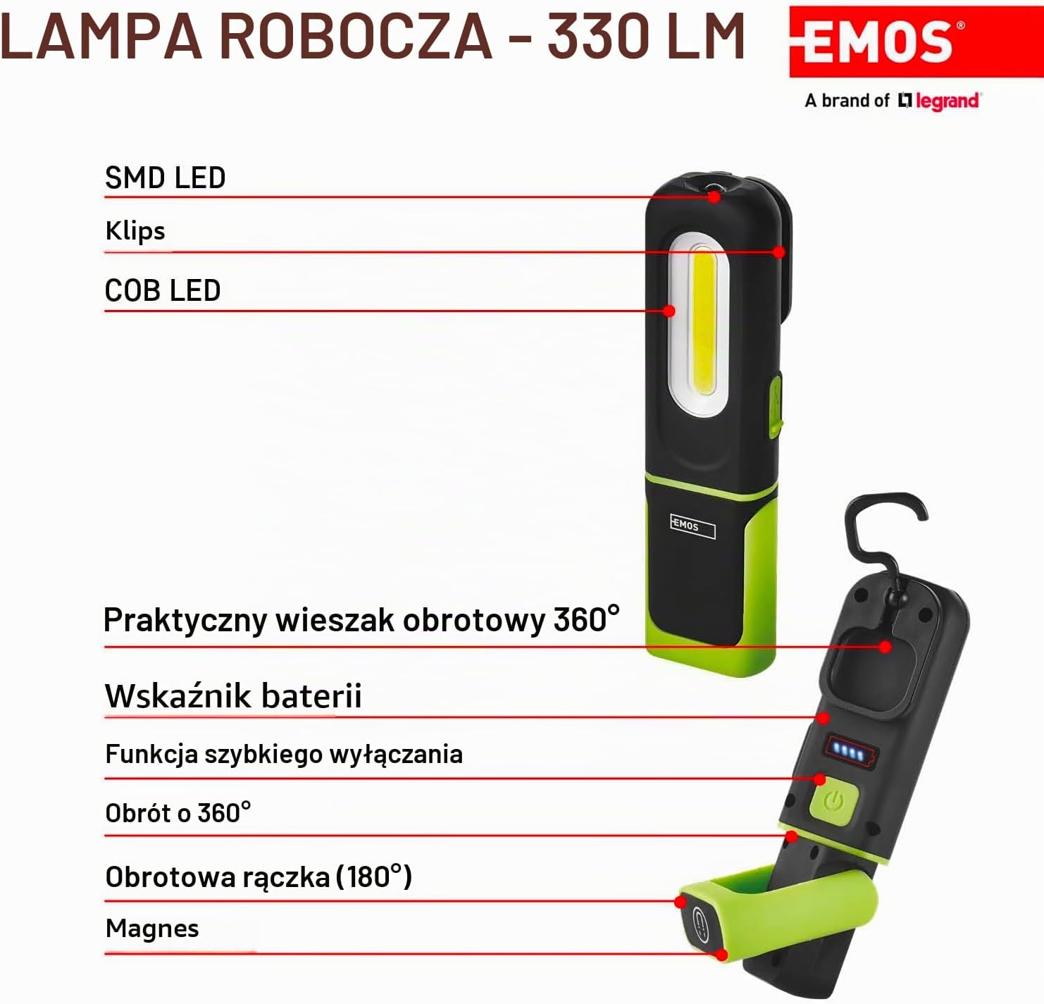 Detalle de EMOS P4537 ładowana lampa robocza LED 330 lm z magnesem, klipsem i hakiem