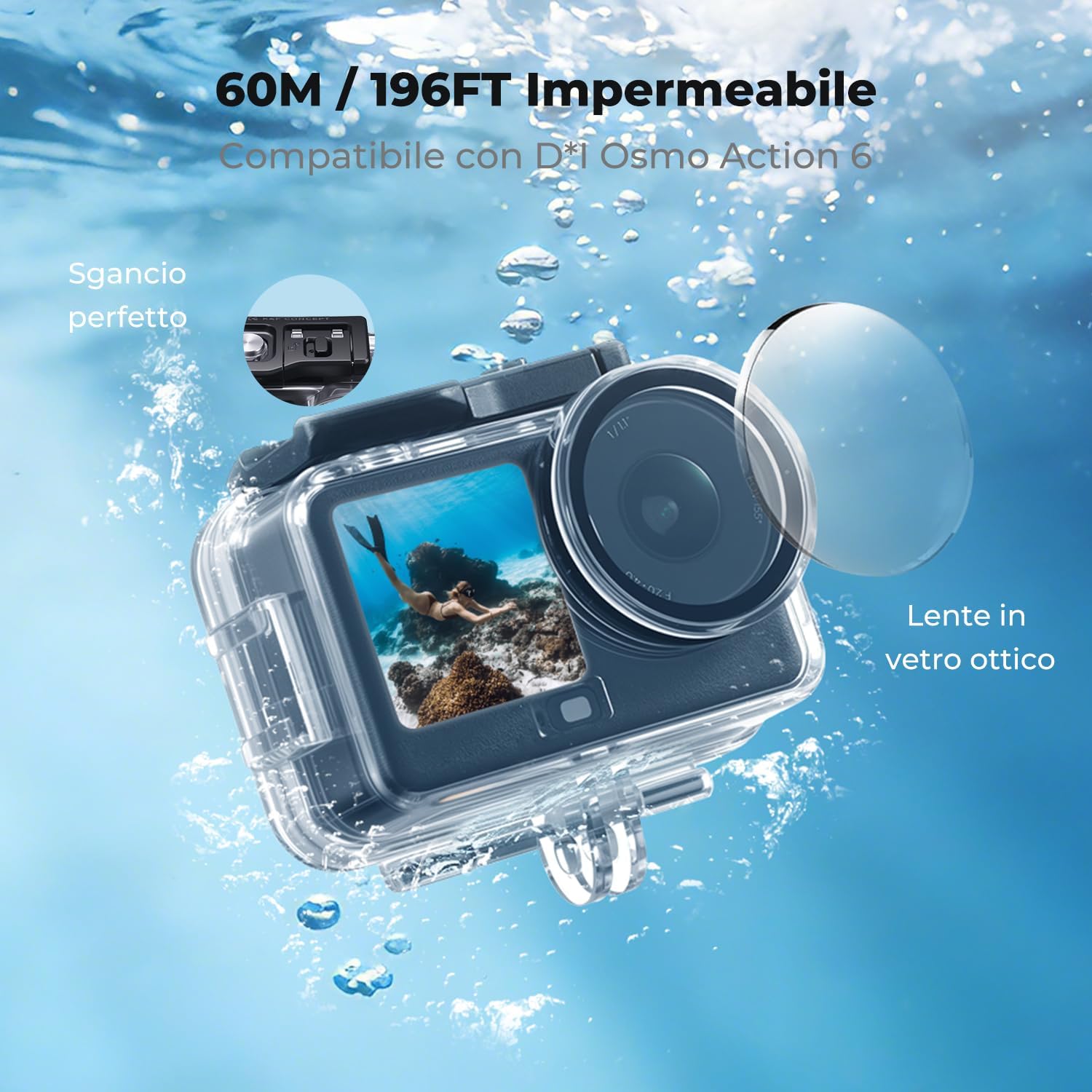 Detalle 2 de Custodia impermeabile per DJI Osmo Action 6 di K&F CONCEPT — protezione fino a 60 m con slitta fredda e inserti antiappannamento