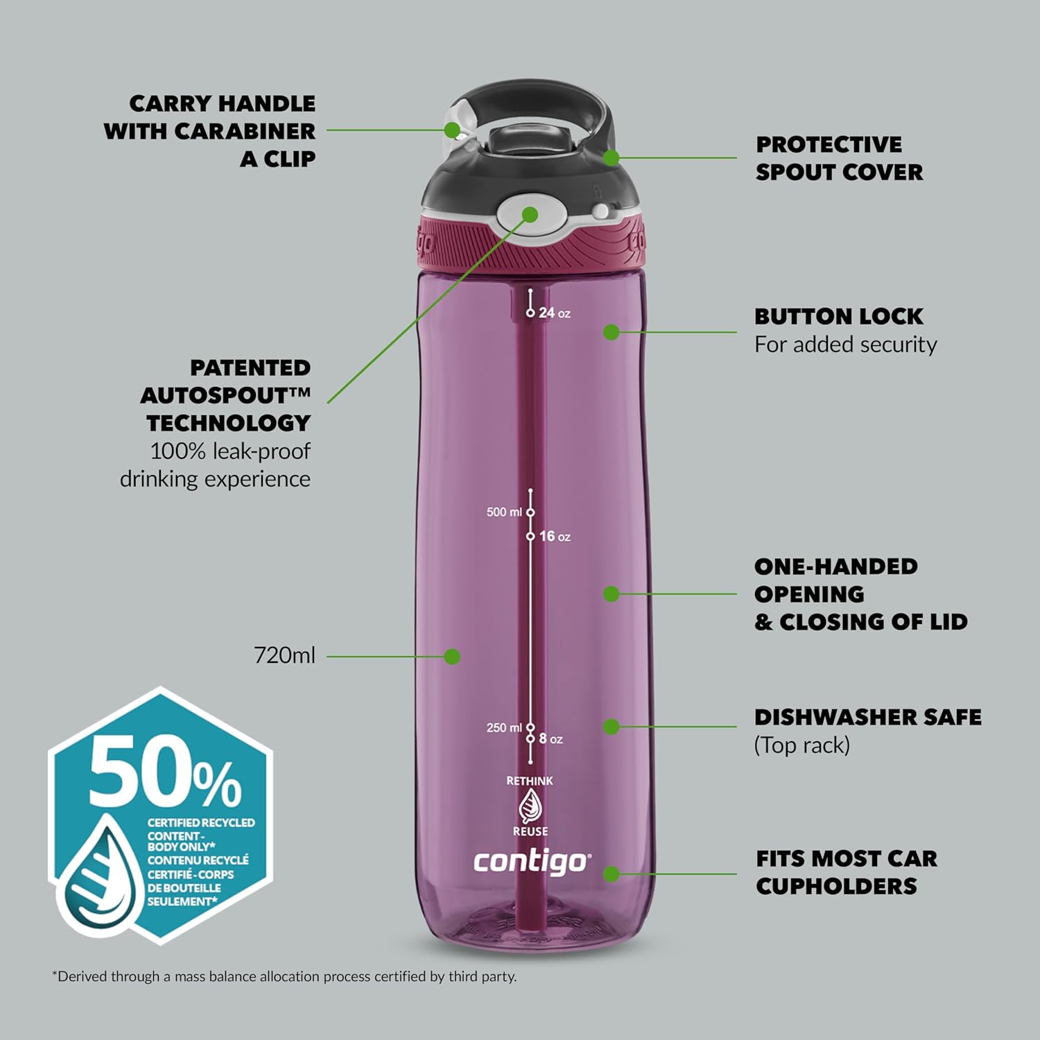 Detalle 2 de Contigo Ashland Autospout: borraccia autocontrollata da 720 ml, senza BPA