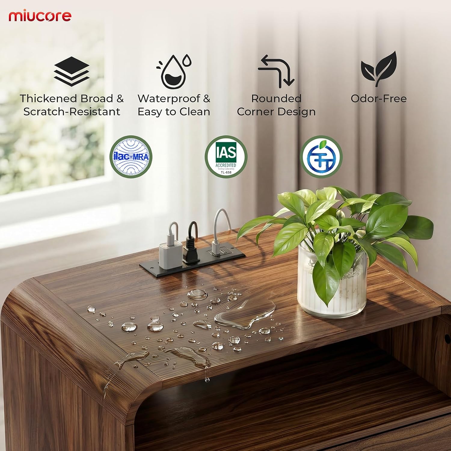 Thumbnail 2 de Miucore FN-NS002 Walnut Nightstand with Charging Station and 2 Drawers