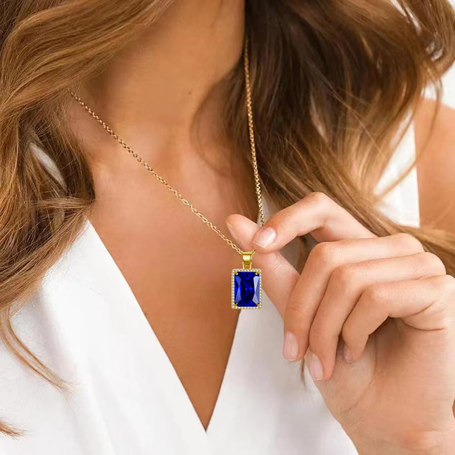 Thumbnail 6 de VONSSY Elegant Rectangle Gemstone Pendant Necklace