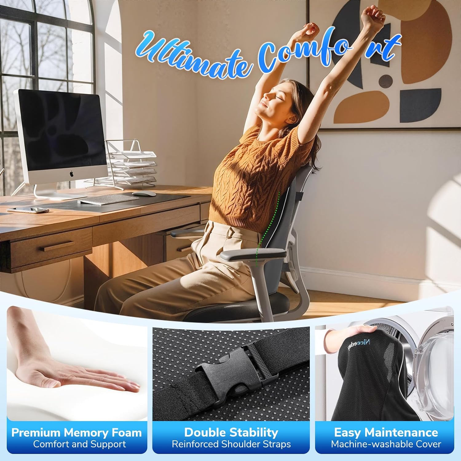 Thumbnail 2 de Niceeday Lumbar Support Pillow for Office Chair and Car – Memory Foam Back Cushion 45×40×12 cm