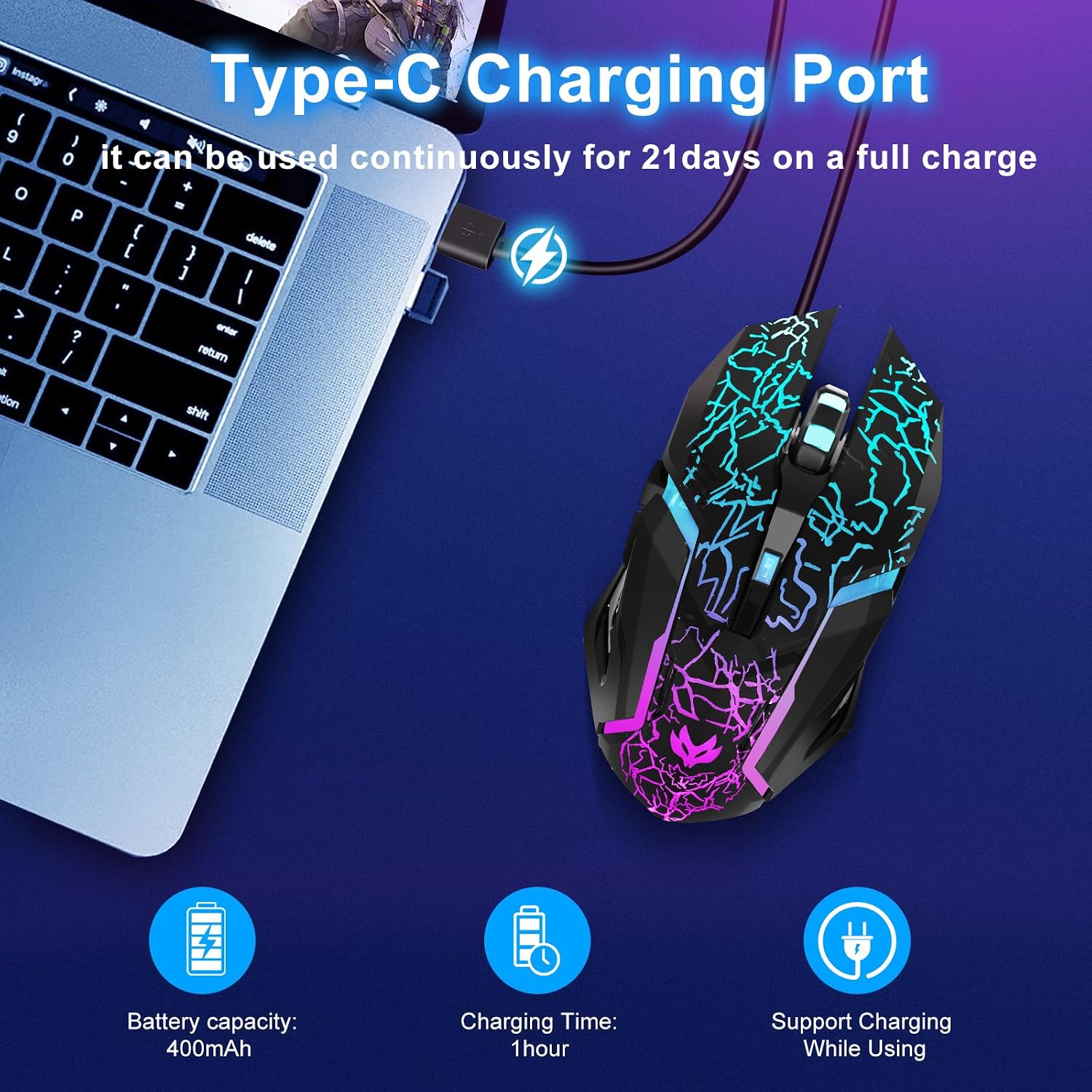 Thumbnail 3 de Wireless Gaming Mouse (Rechargeable) with Type-C Fast Charging, 3 DPI Levels & 6 Silent Buttons