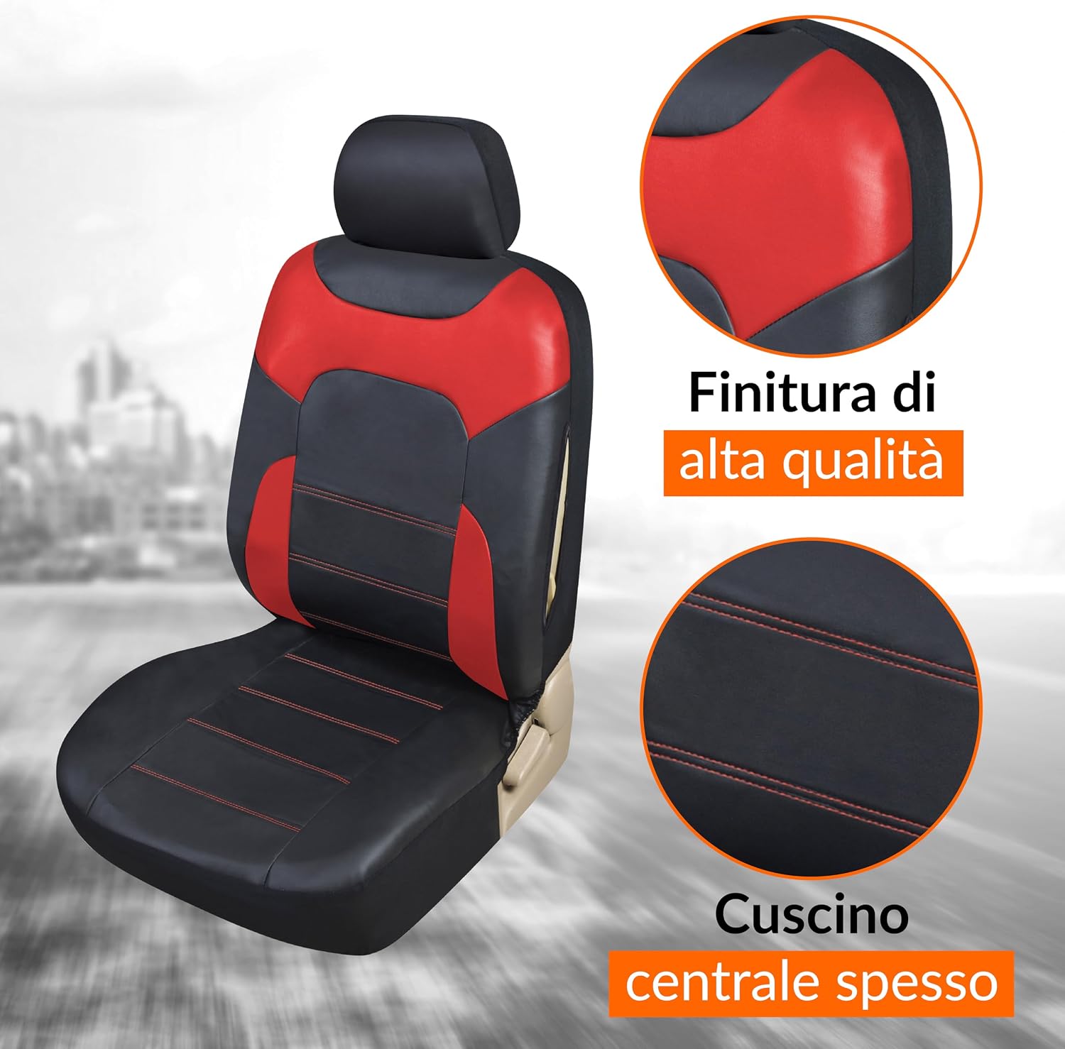 Detalle de Upgrade4cars Coprisedili Auto Universali Ecopelle Rosso – Set Completo Anteriore e Posteriore per Tutte le Stagioni