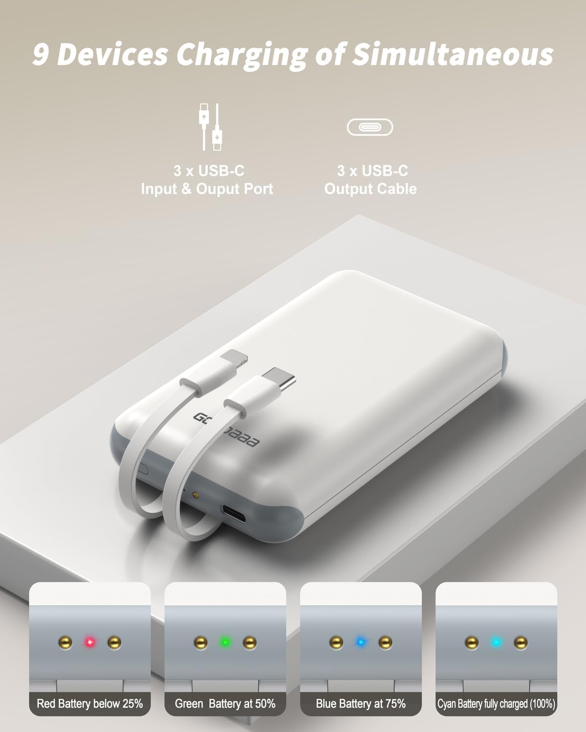 Detalle 1 de GOODaaa 3-Pack 10000mAh Power Banks with Charging Dock and Built-In Cables