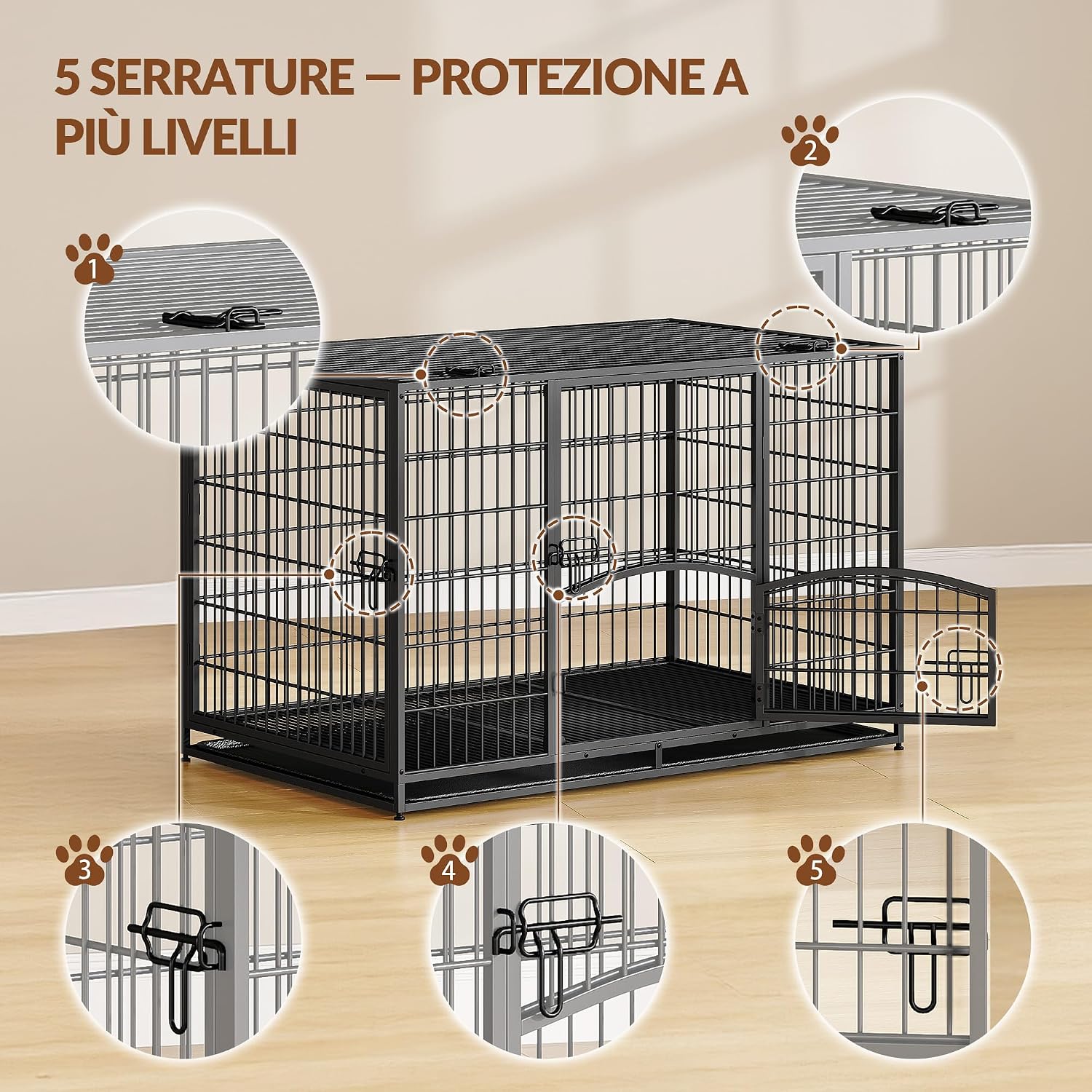 Detalle de Fobyfurny Hochbelastbarer XL Hundekäfig – 107 x 70 x 75 cm, 4-Türig, Metall-Gitterbox mit Bodenschale