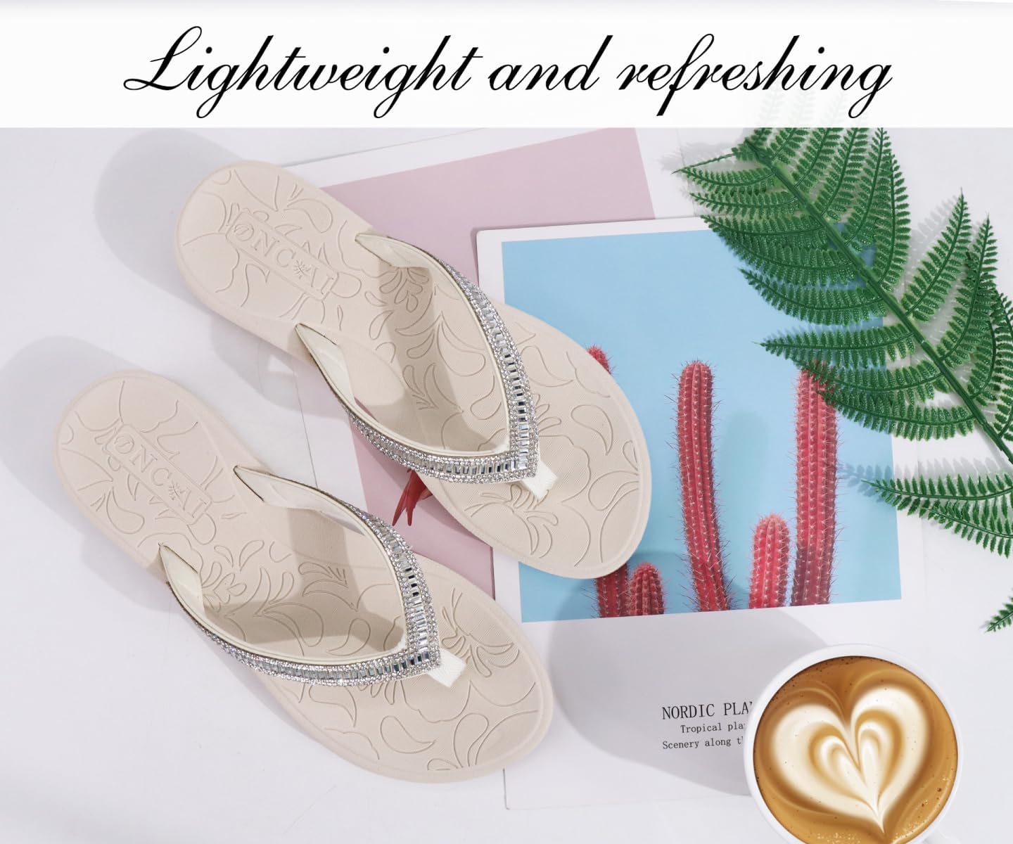 Detalle de ONCAI Damen Zehentrenner Flip Flops mit Glitzer – Indoor/Outdoor, Orthopädie Fußgewölbe-Unterstützung, Größe 36–43