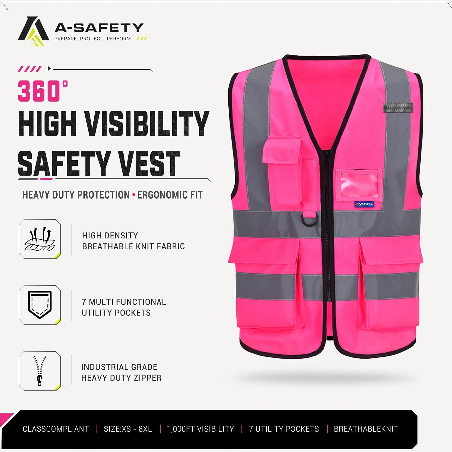 Detalle de A-SAFETY Pink Medium Reflective Safety Vest with 7 Pockets and Radio Mic Loop